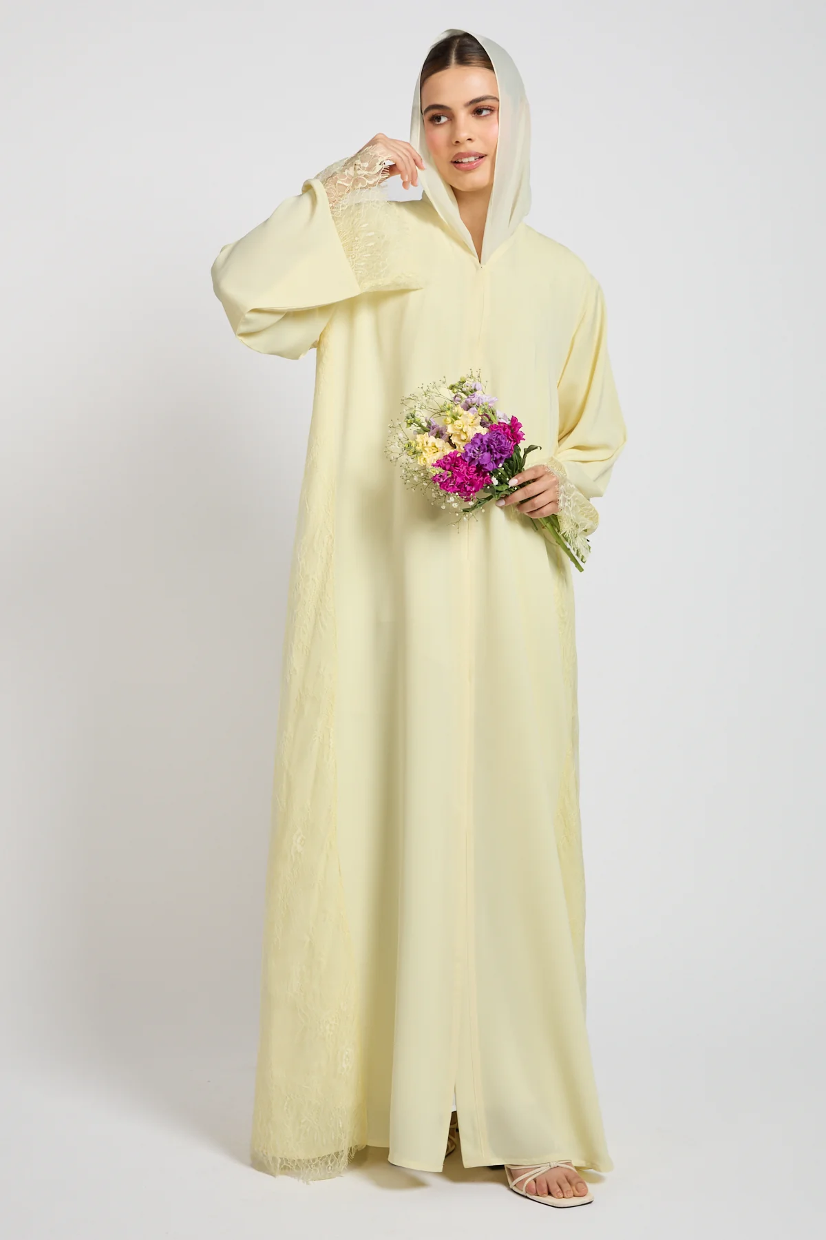 Premium French Lace Blossom Open Abaya – Buttercream Yellow