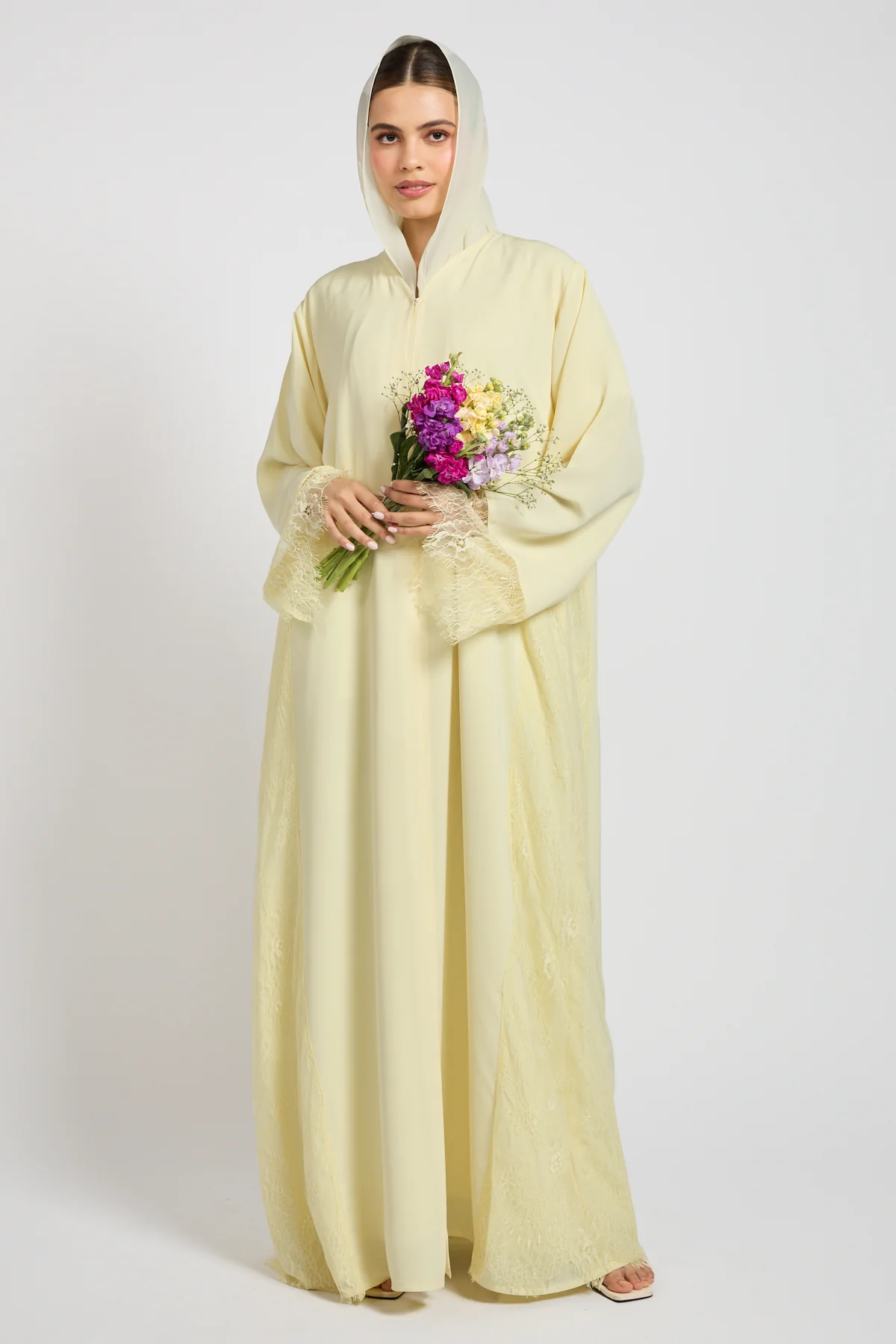 Premium French Lace Blossom Open Abaya – Buttercream Yellow - Image 10
