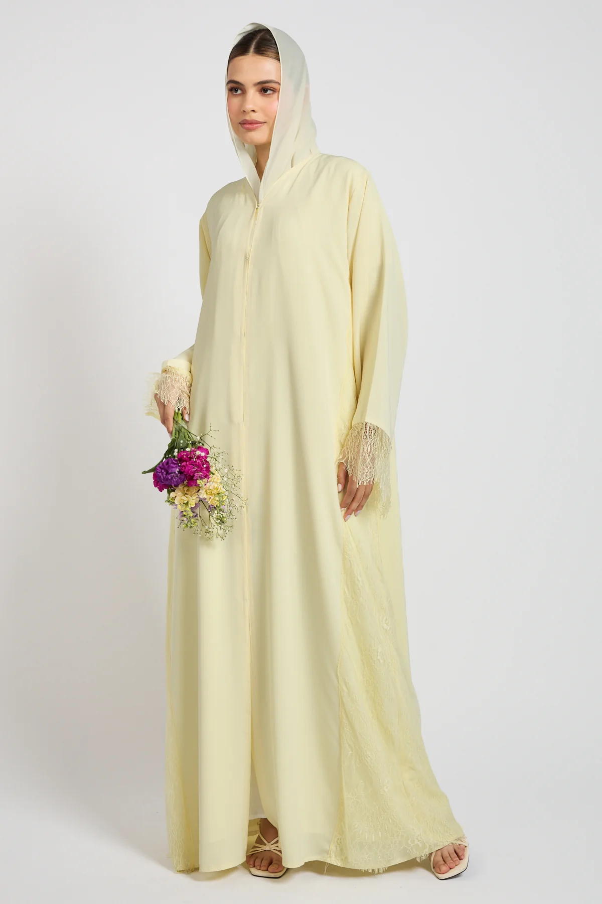Premium French Lace Blossom Open Abaya – Buttercream Yellow - Image 11
