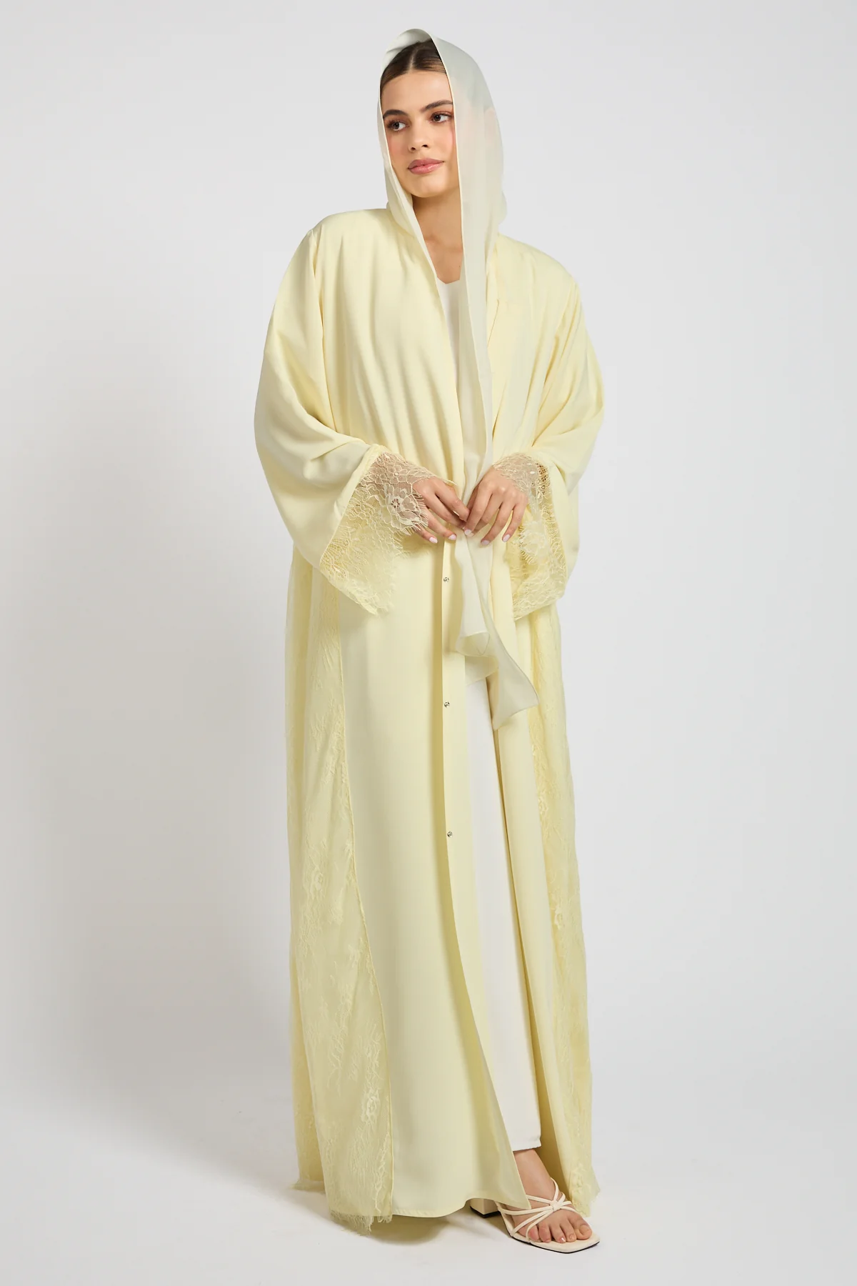 Premium French Lace Blossom Open Abaya – Buttercream Yellow - Image 3