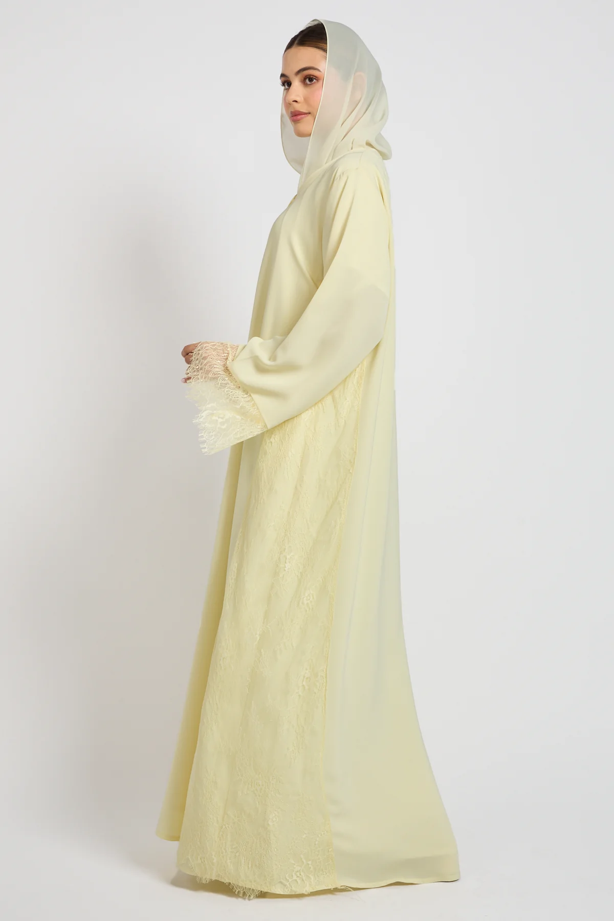 Premium French Lace Blossom Open Abaya – Buttercream Yellow - Image 4