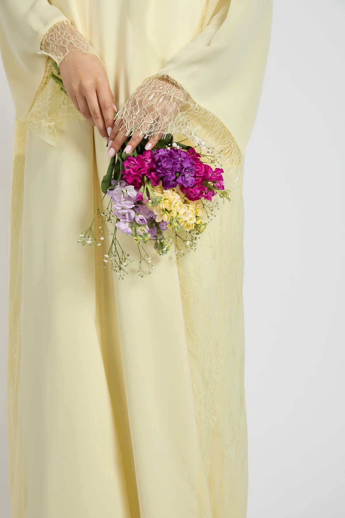 Premium French Lace Blossom Open Abaya – Buttercream Yellow - Image 5