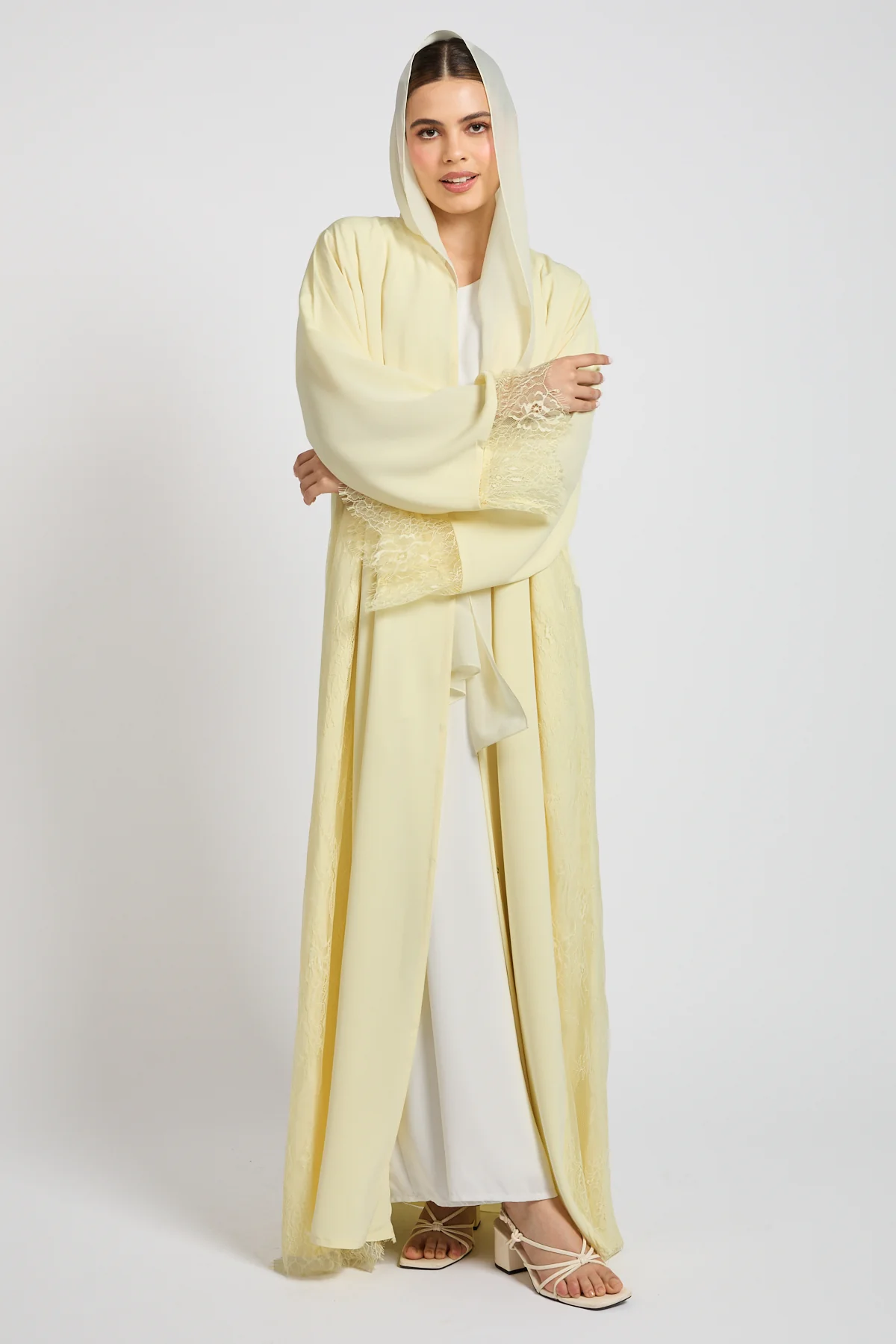 Premium French Lace Blossom Open Abaya – Buttercream Yellow - Image 6