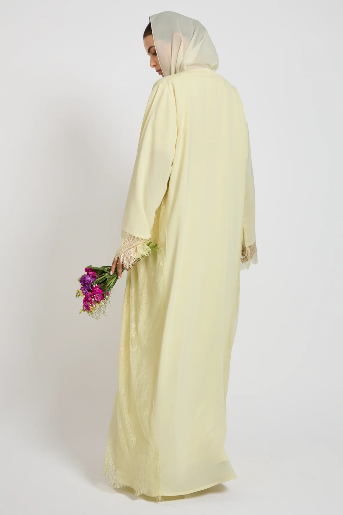 Premium French Lace Blossom Open Abaya – Buttercream Yellow - Image 7