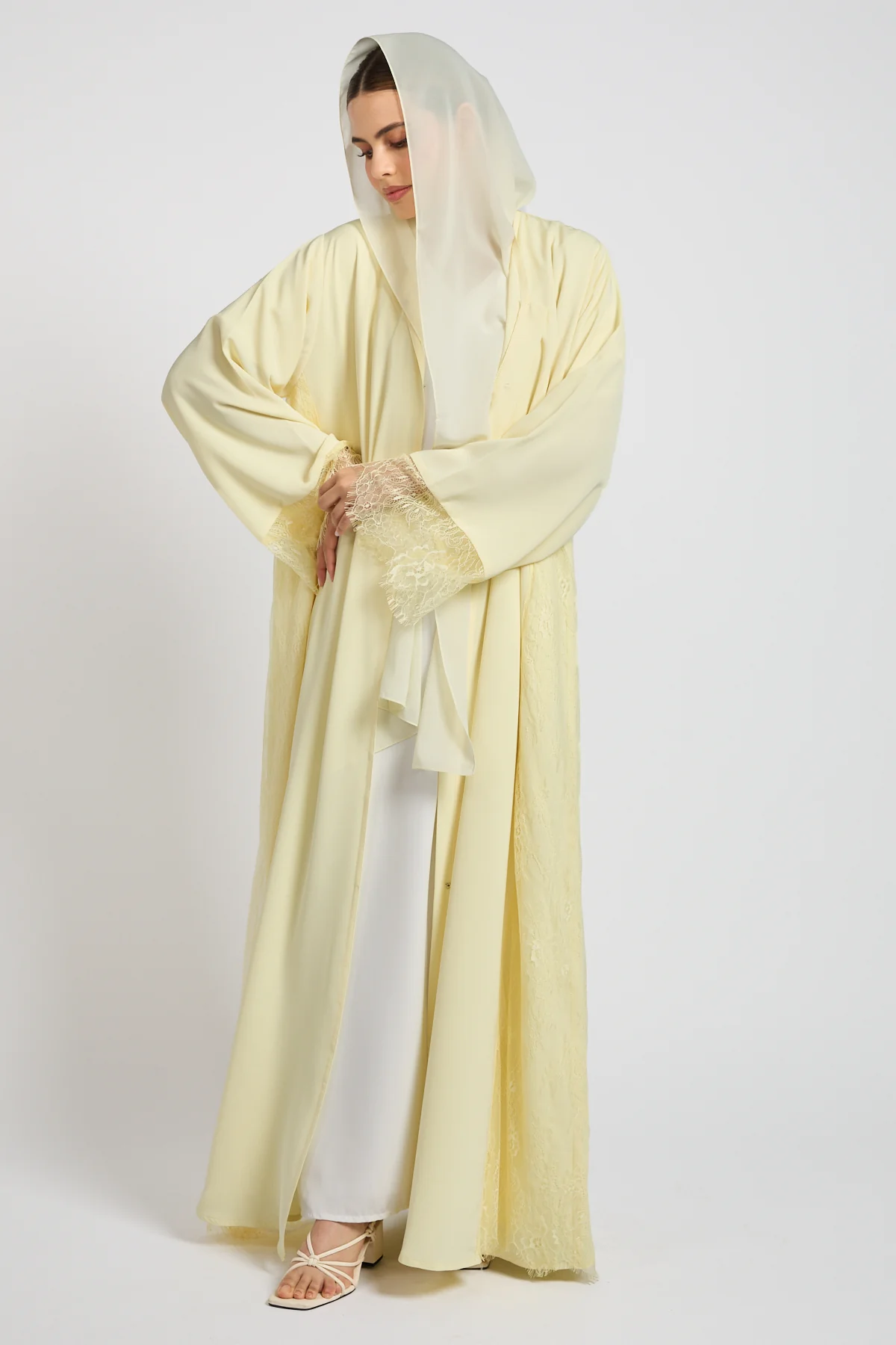 Premium French Lace Blossom Open Abaya – Buttercream Yellow - Image 8