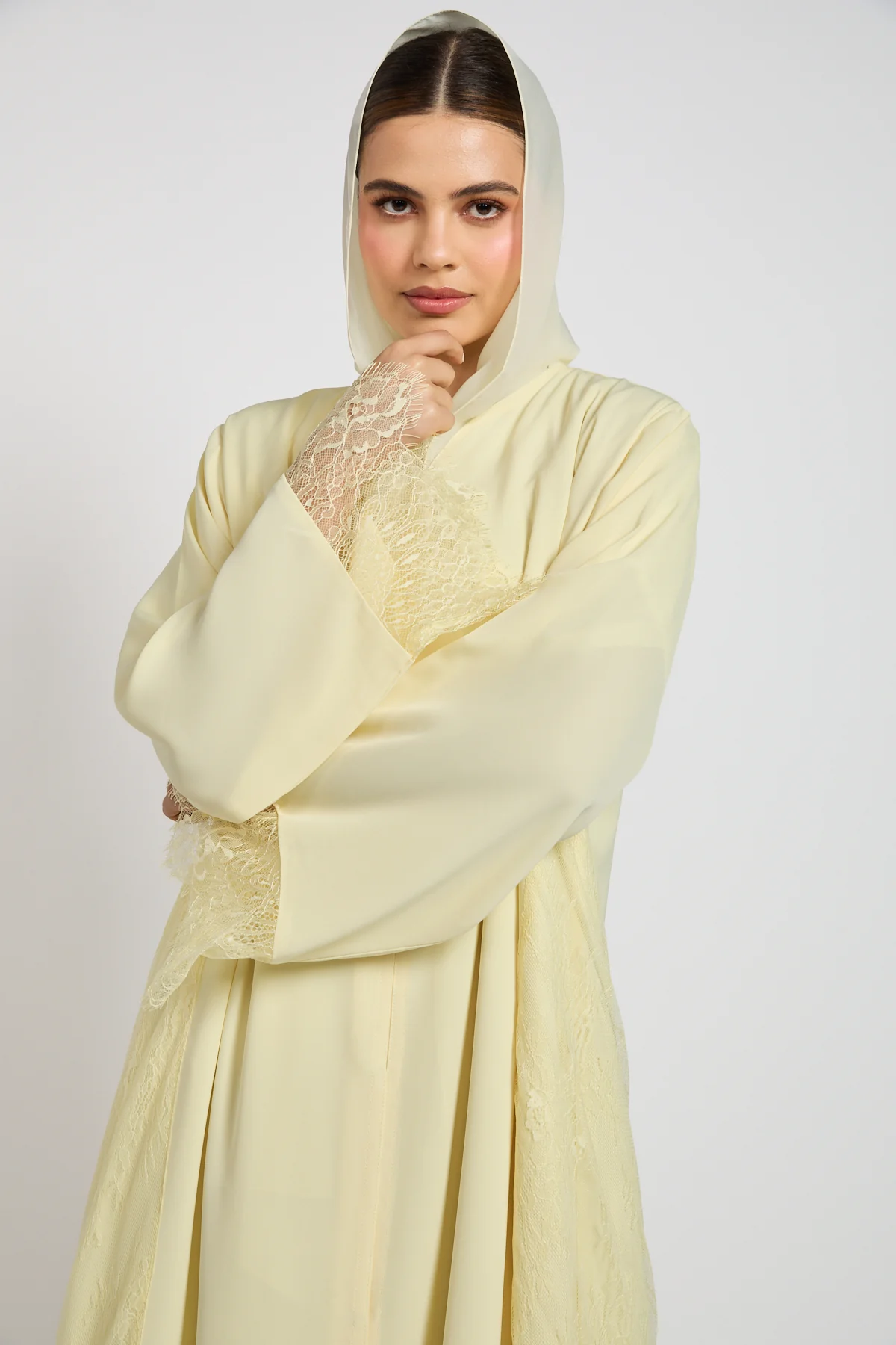 Premium French Lace Blossom Open Abaya – Buttercream Yellow - Image 9