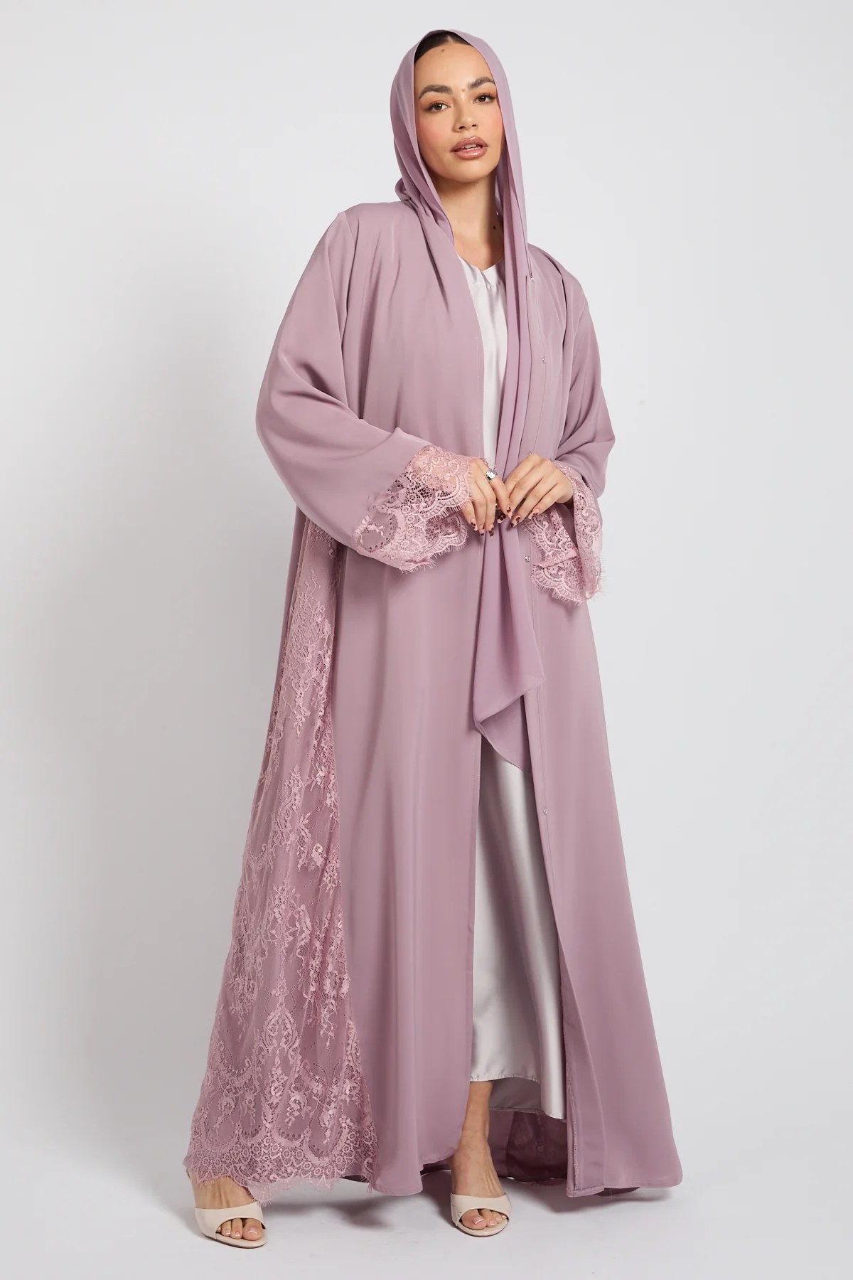 Premium French Lace Blossom Open Abaya – Lilac Rose