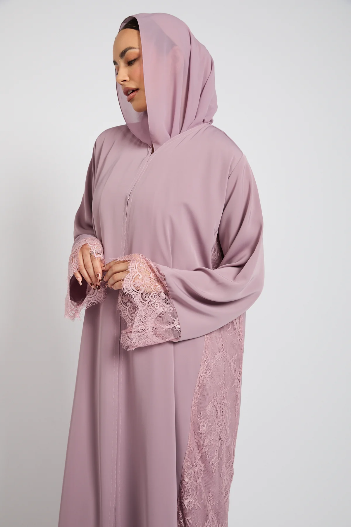 Premium French Lace Blossom Open Abaya – Lilac Rose - Image 2
