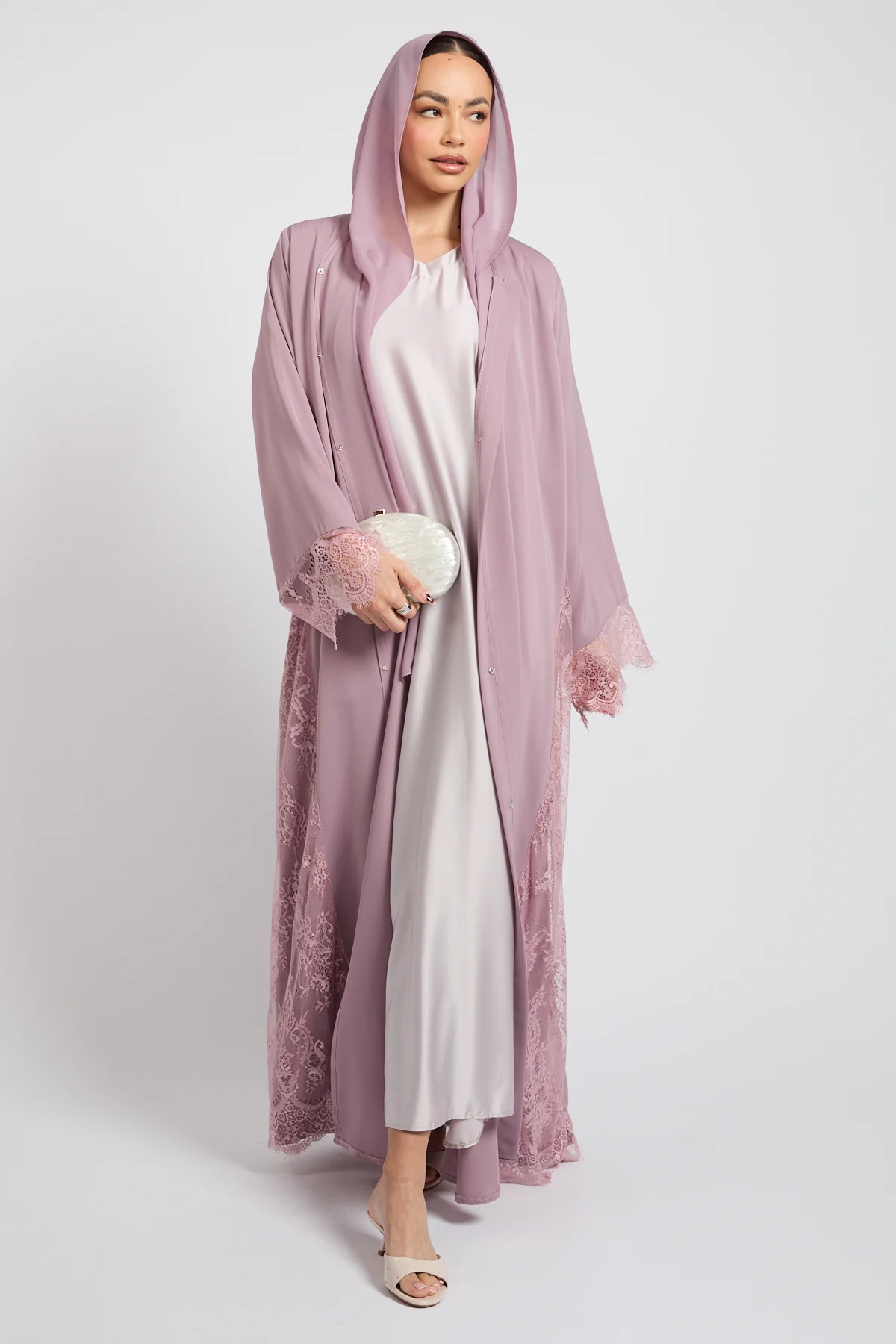 Premium French Lace Blossom Open Abaya – Lilac Rose - Image 4