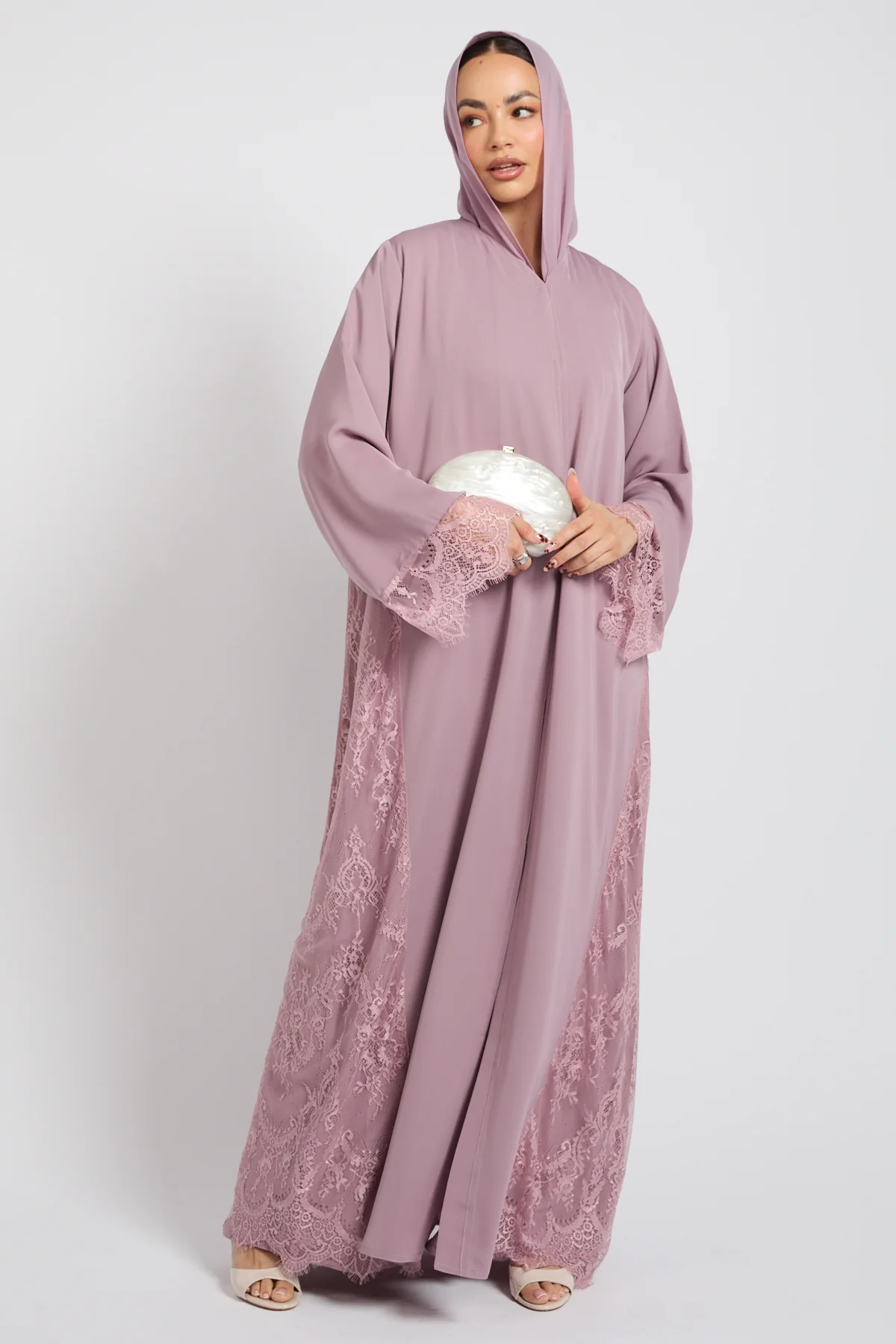 Premium French Lace Blossom Open Abaya – Lilac Rose - Image 6