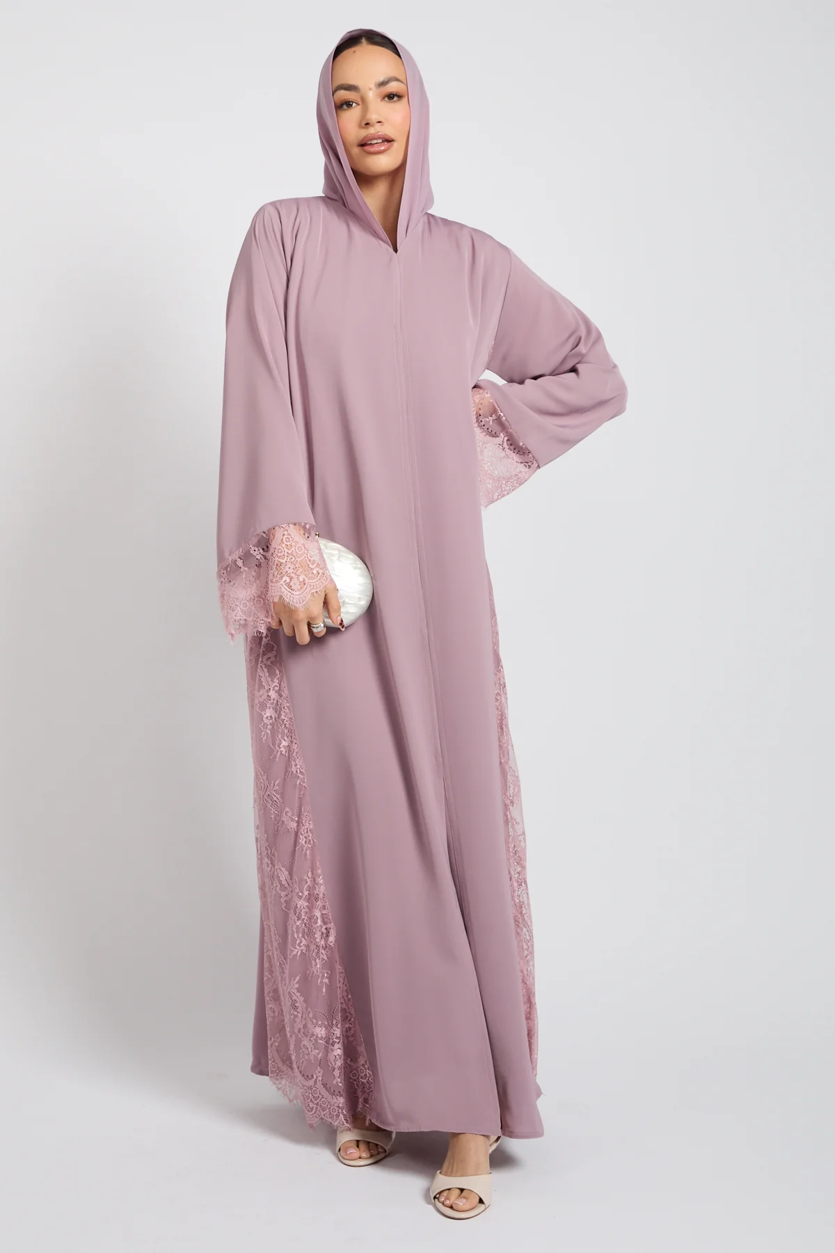 Premium French Lace Blossom Open Abaya – Lilac Rose - Image 8