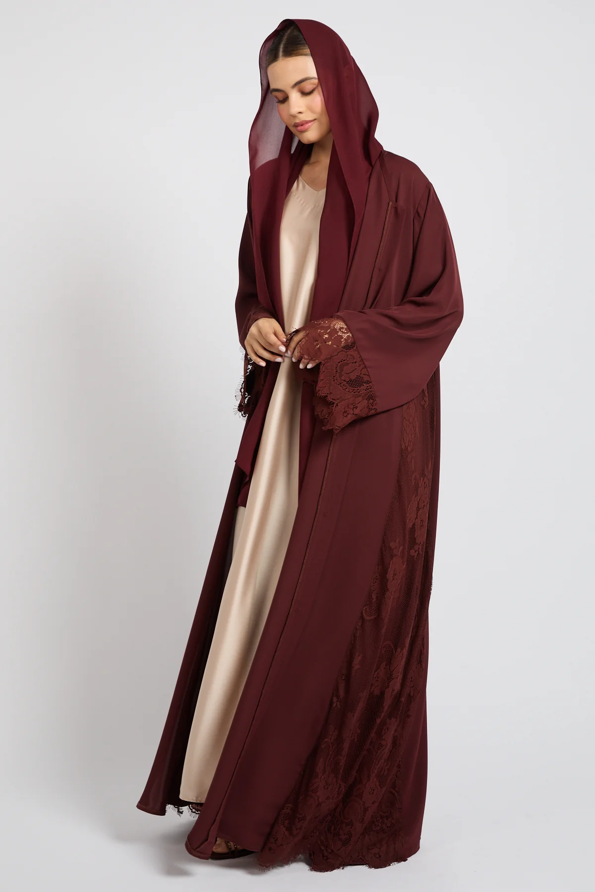 Premium French Lace Blossom Open Abaya – Mahogany Rouge