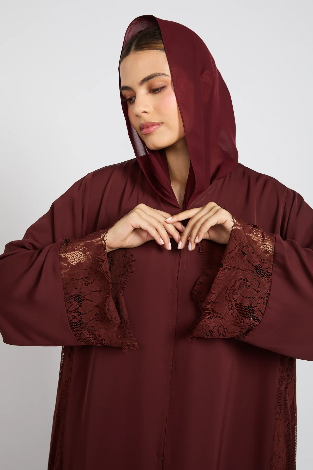 Premium French Lace Blossom Open Abaya – Mahogany Rouge - Image 2