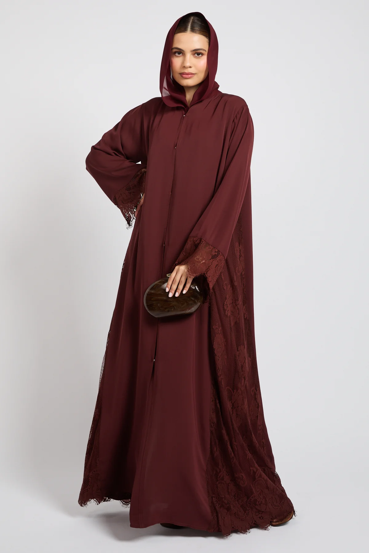 Premium French Lace Blossom Open Abaya – Mahogany Rouge - Image 3