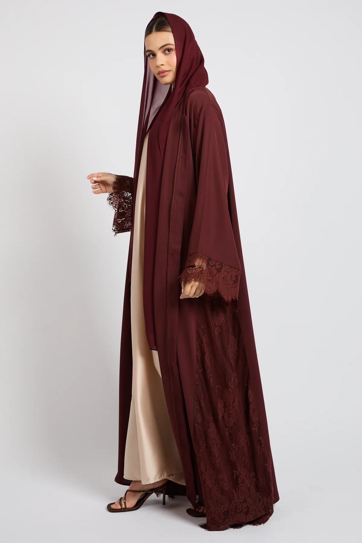 Premium French Lace Blossom Open Abaya – Mahogany Rouge - Image 4