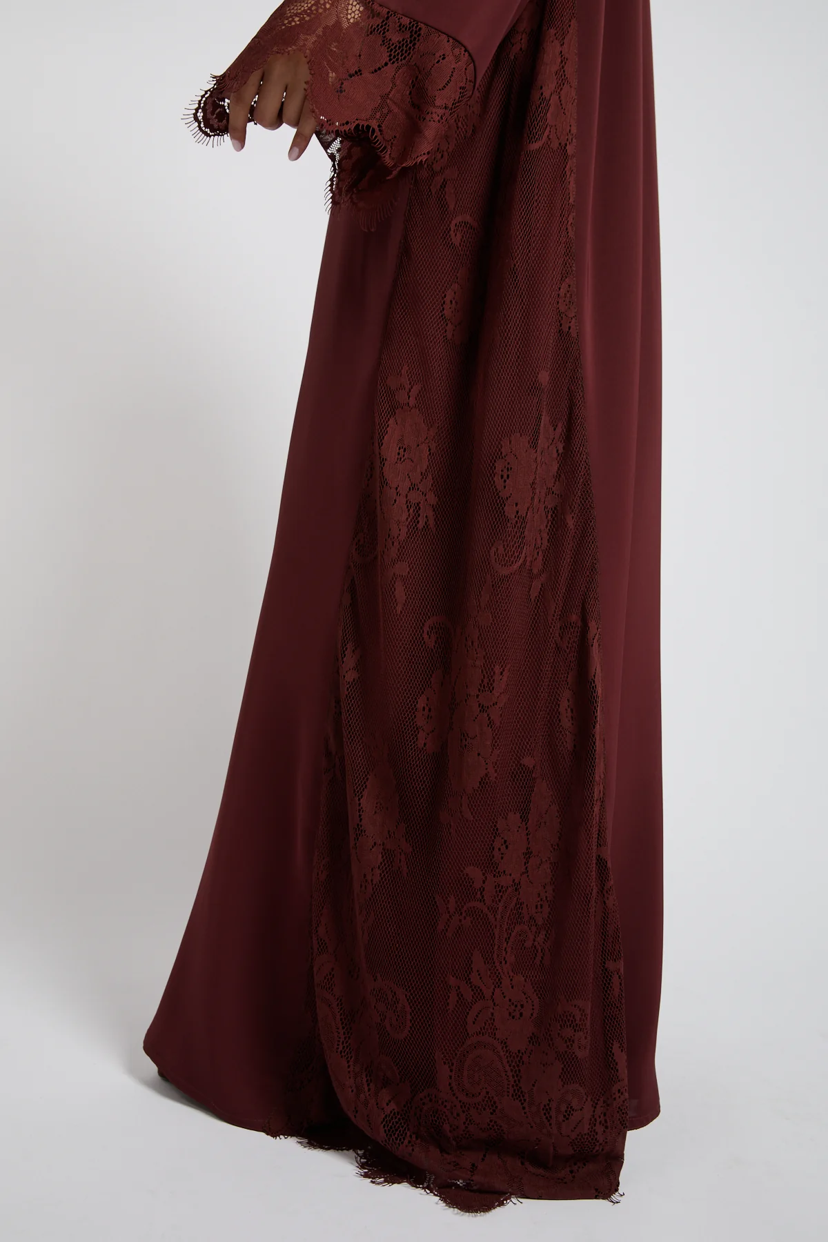 Premium French Lace Blossom Open Abaya – Mahogany Rouge - Image 5