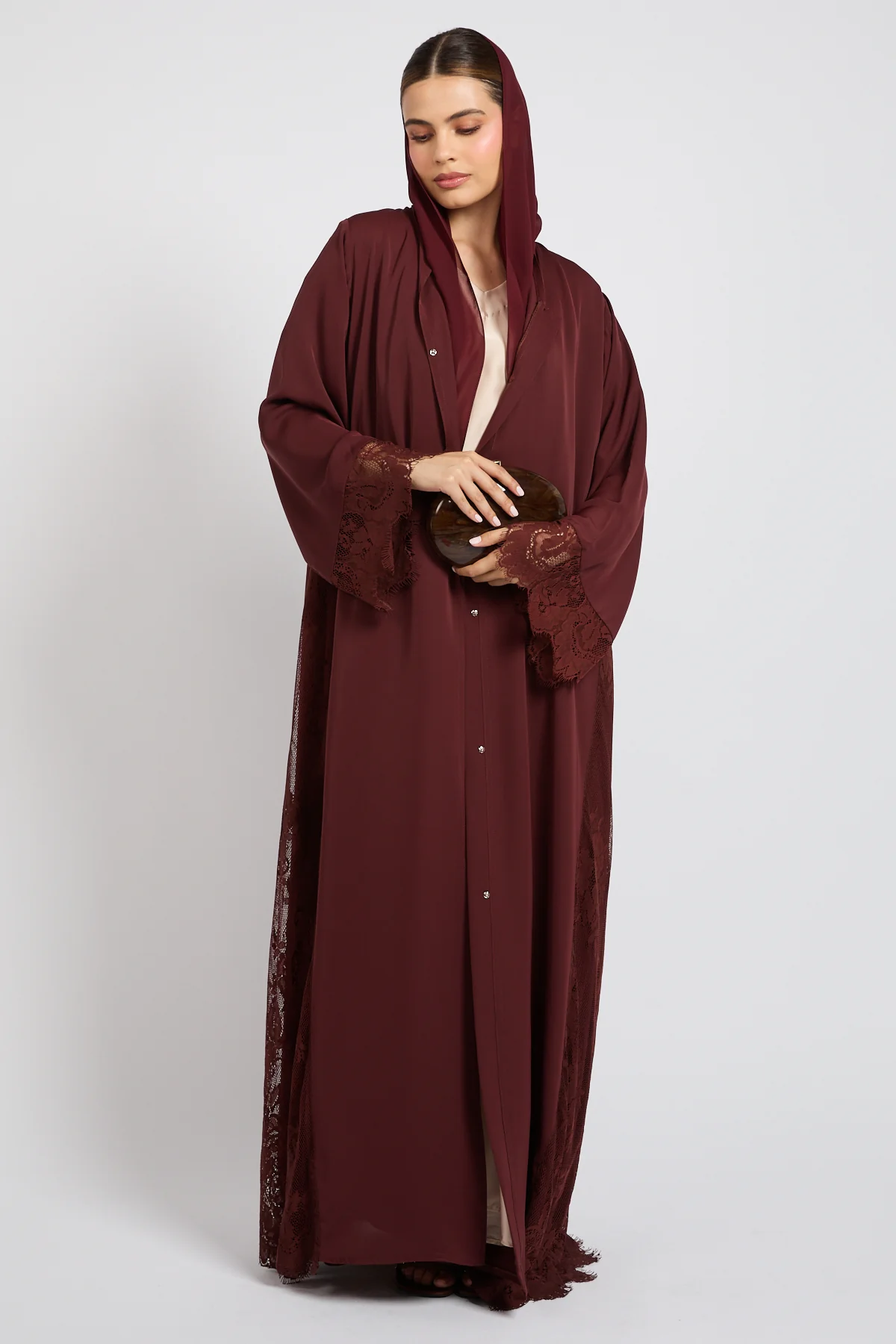 Premium French Lace Blossom Open Abaya – Mahogany Rouge - Image 6