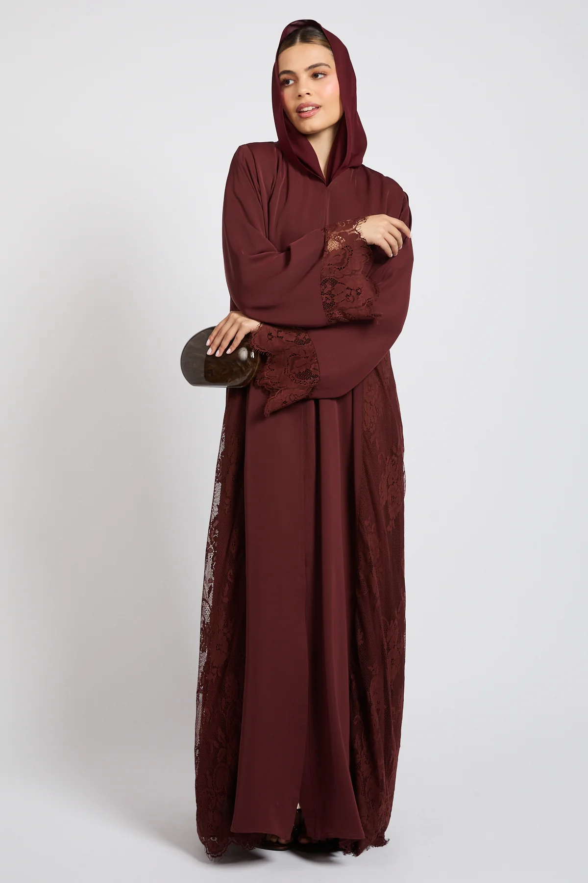 Premium French Lace Blossom Open Abaya – Mahogany Rouge - Image 7