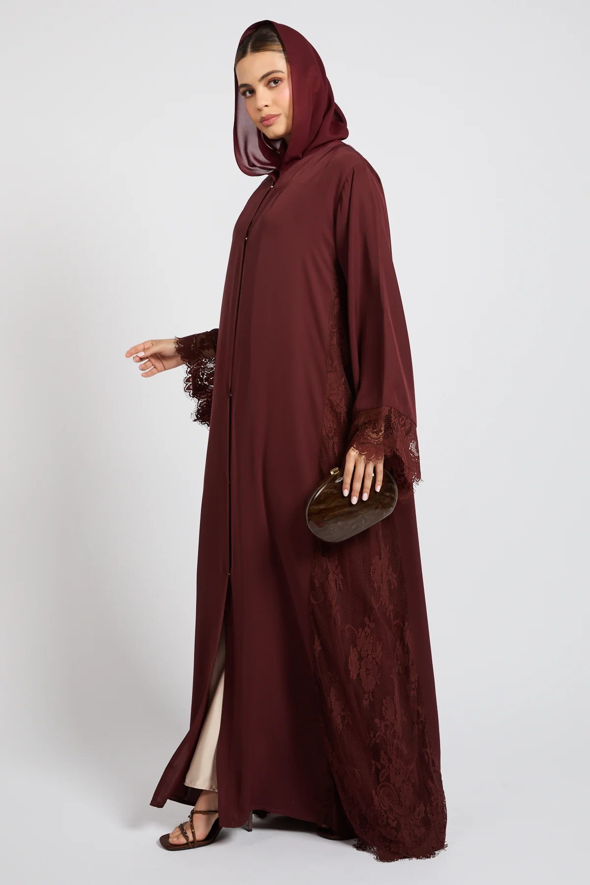 Premium French Lace Blossom Open Abaya – Mahogany Rouge - Image 8