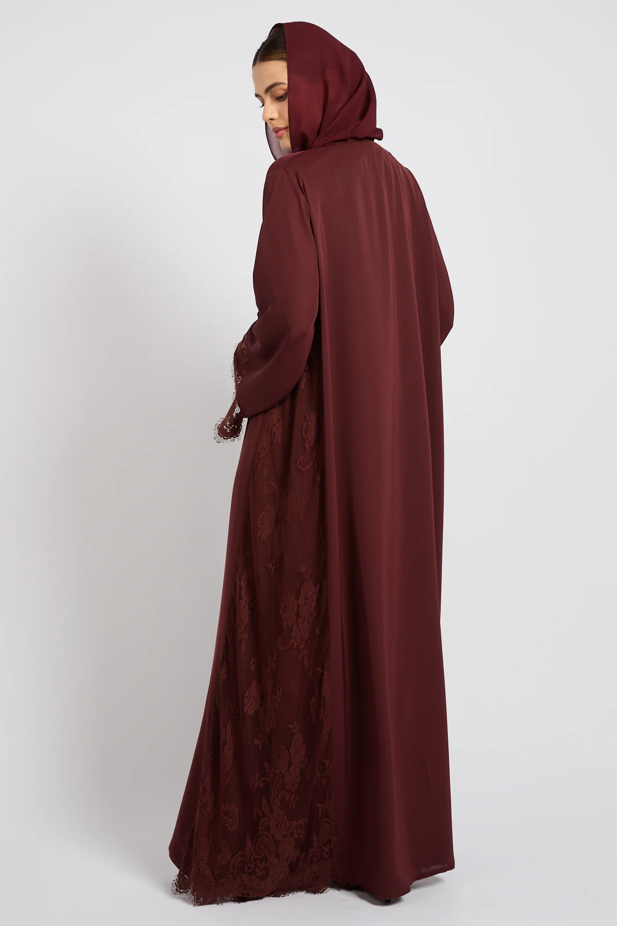 Premium French Lace Blossom Open Abaya – Mahogany Rouge - Image 9