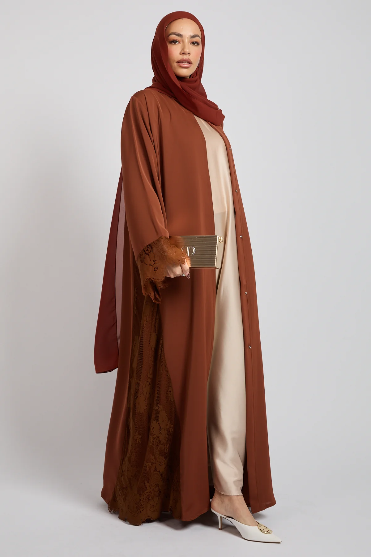 Premium French Lace Blossom Open Abaya – Terracotta Rose