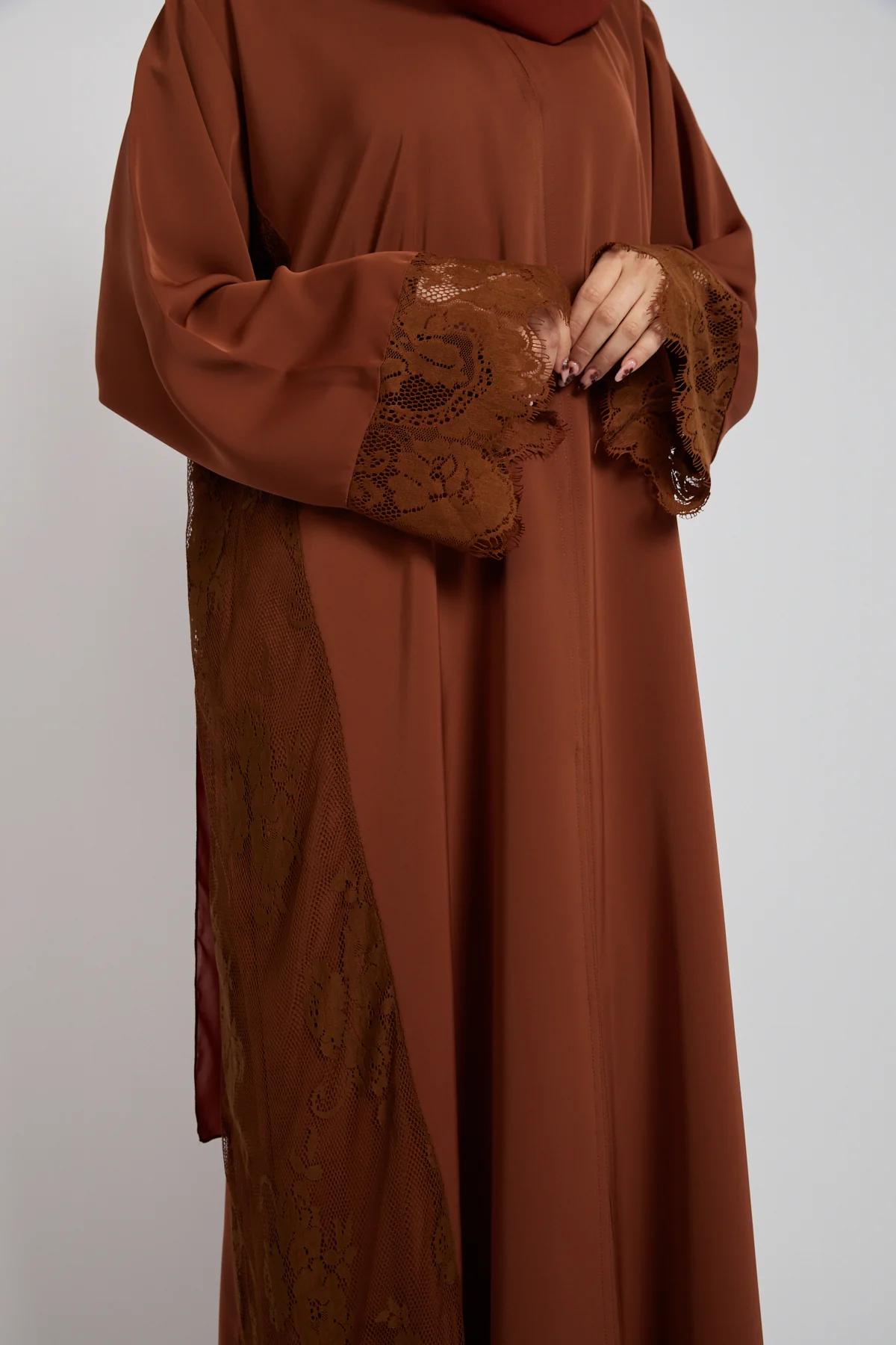 Premium French Lace Blossom Open Abaya – Terracotta Rose - Image 2