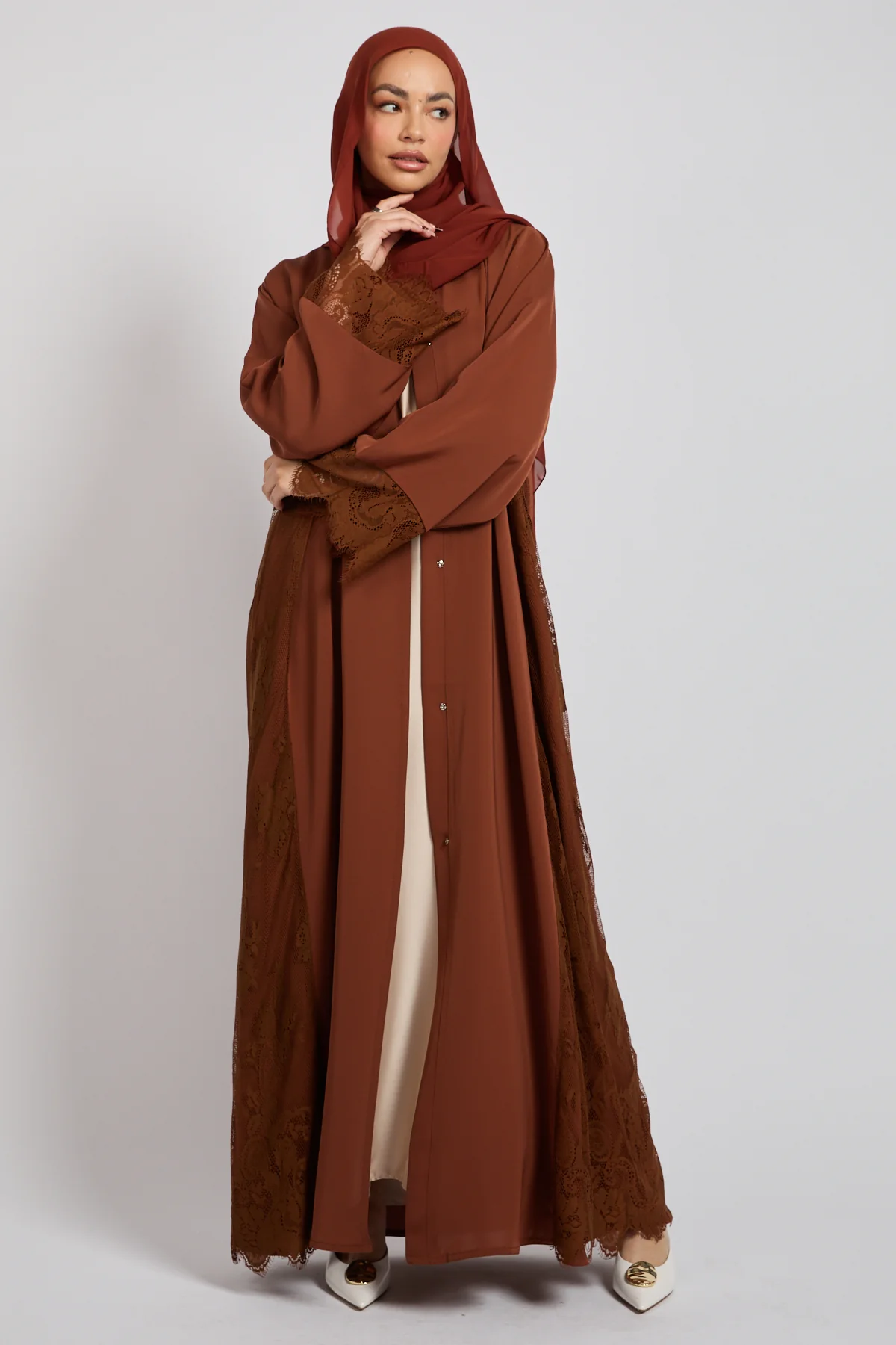 Premium French Lace Blossom Open Abaya – Terracotta Rose - Image 3