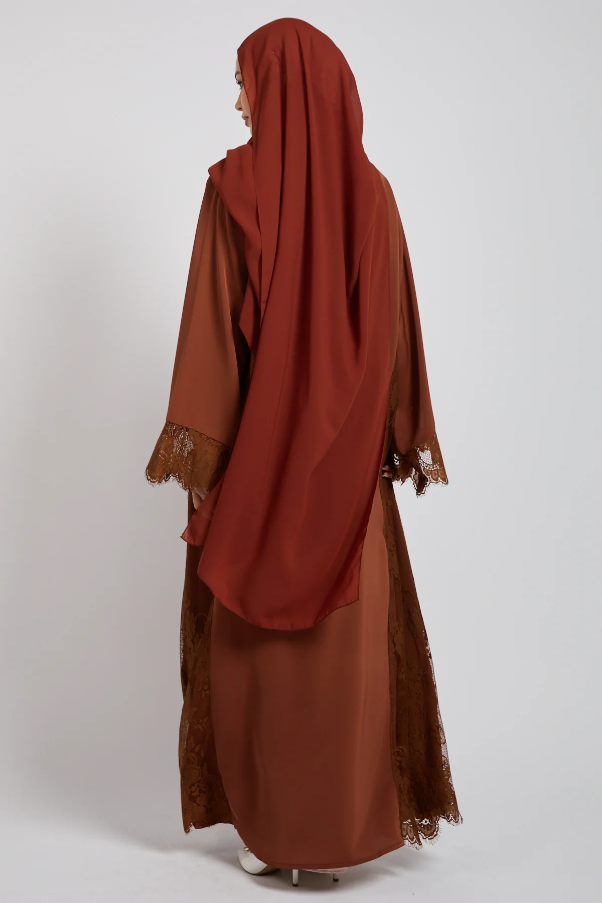 Premium French Lace Blossom Open Abaya – Terracotta Rose - Image 4