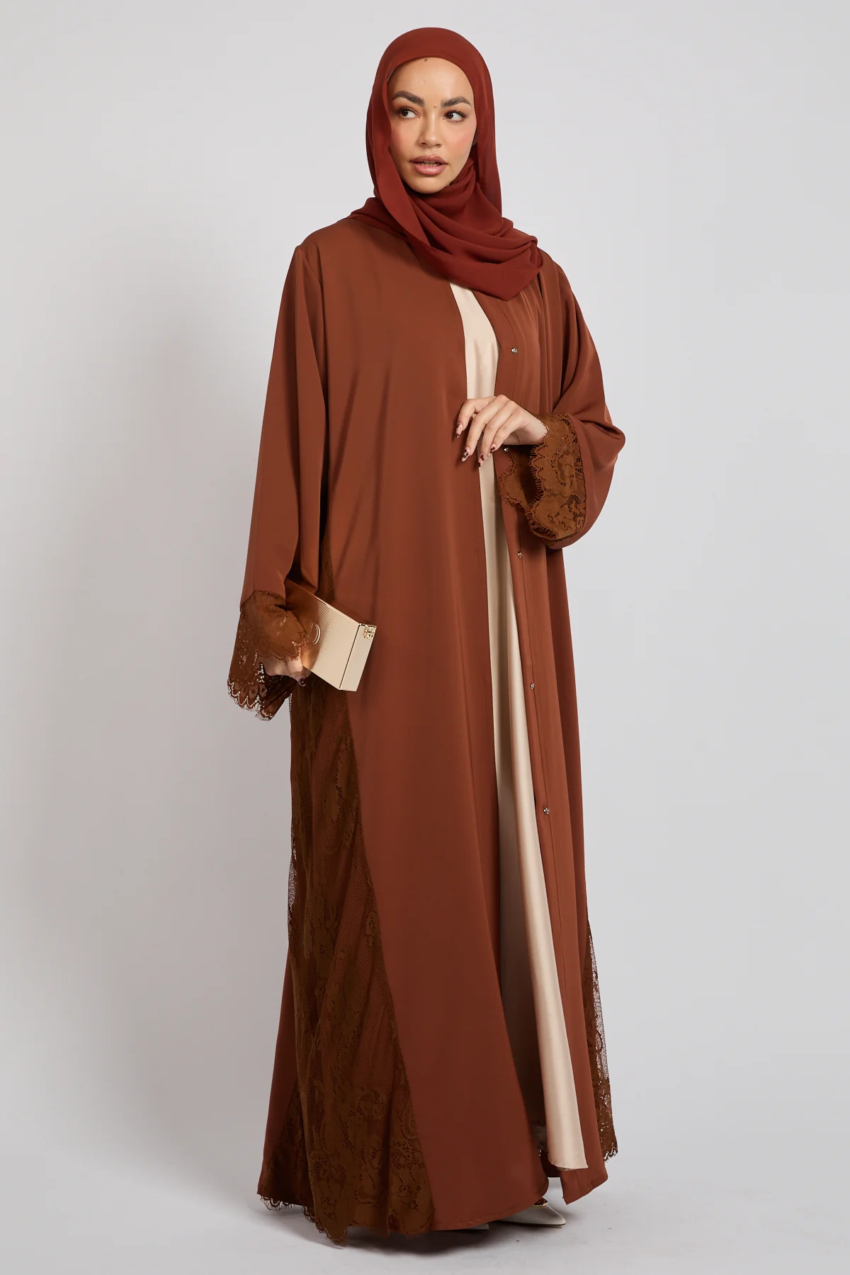 Premium French Lace Blossom Open Abaya – Terracotta Rose - Image 5