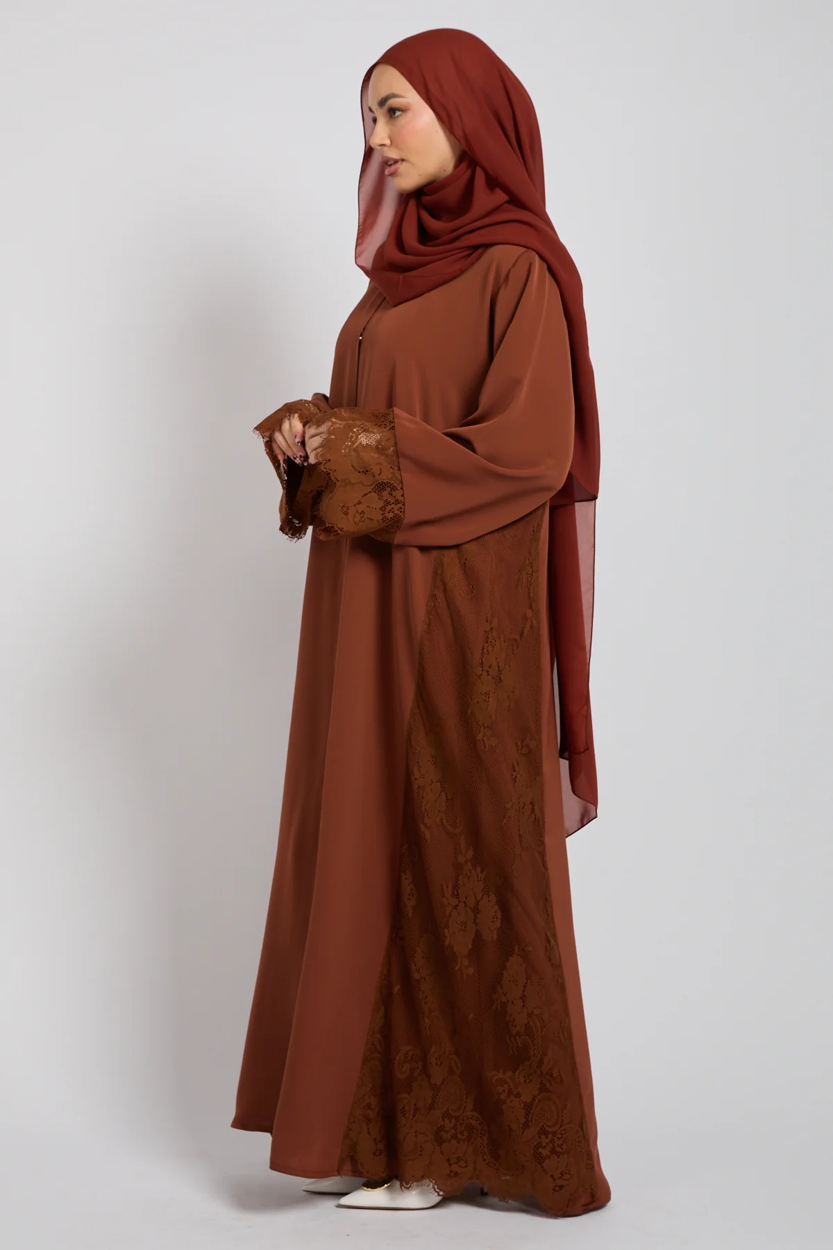 Premium French Lace Blossom Open Abaya – Terracotta Rose - Image 6