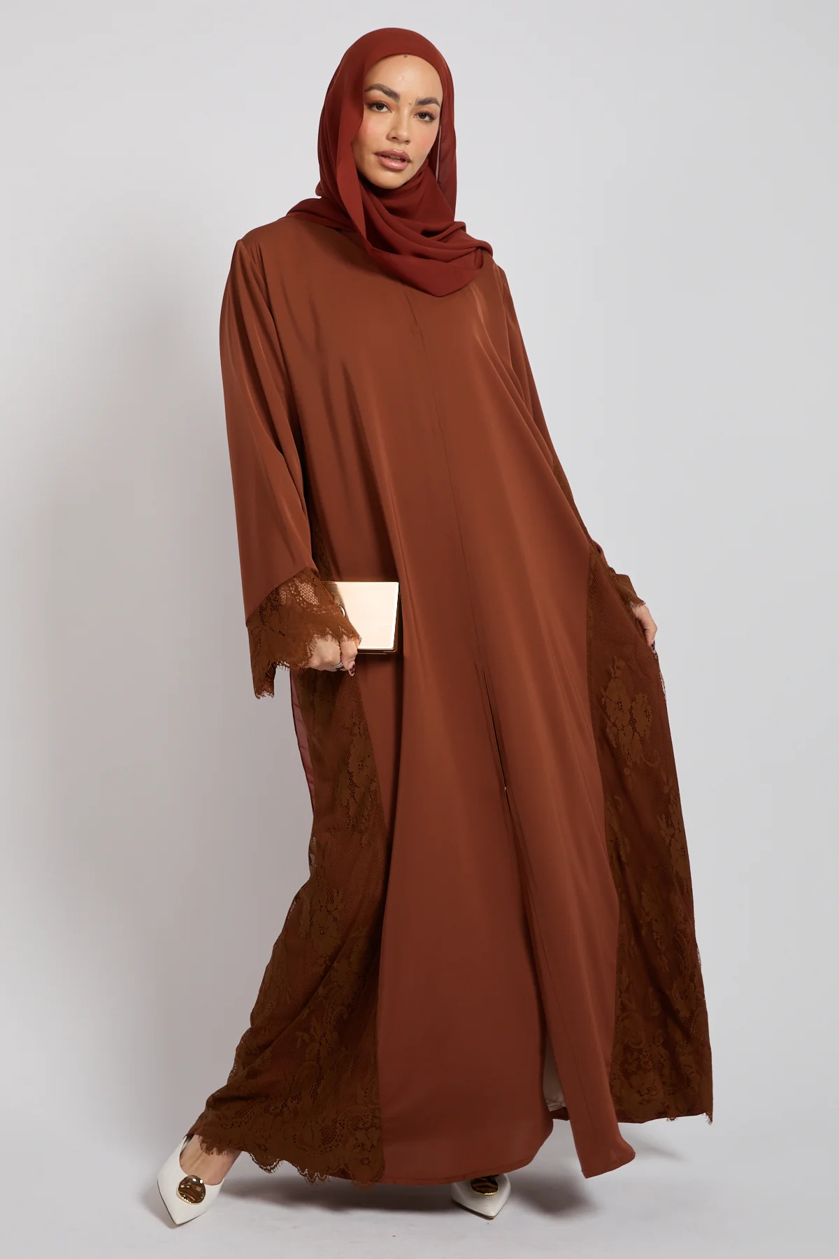 Premium French Lace Blossom Open Abaya – Terracotta Rose - Image 7