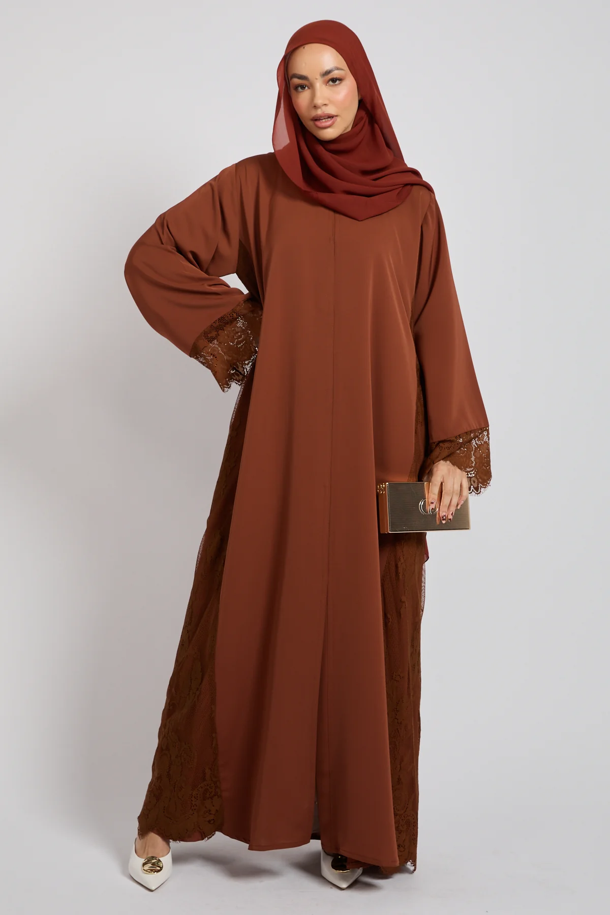 Premium French Lace Blossom Open Abaya – Terracotta Rose - Image 8
