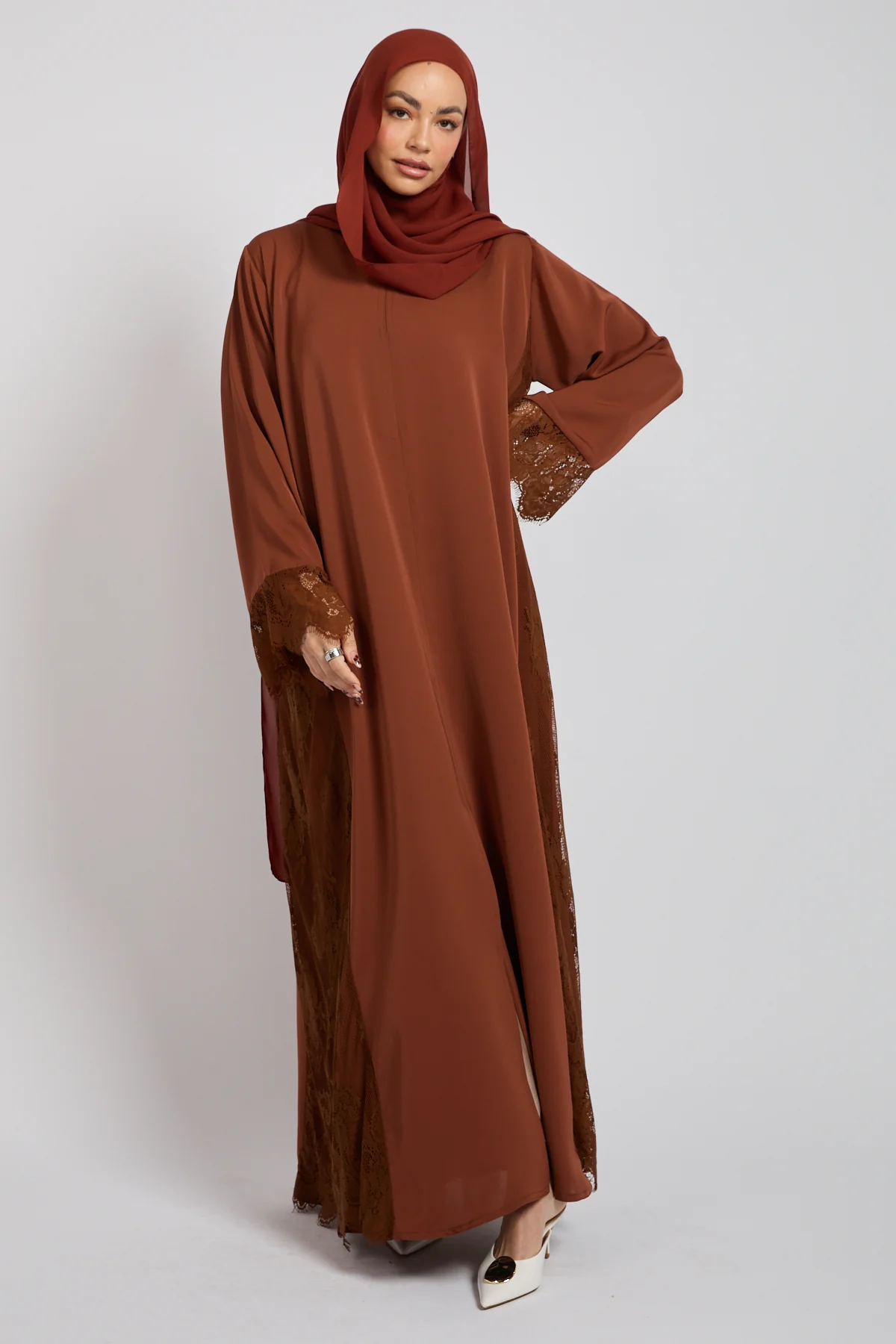 Premium French Lace Blossom Open Abaya – Terracotta Rose - Image 9