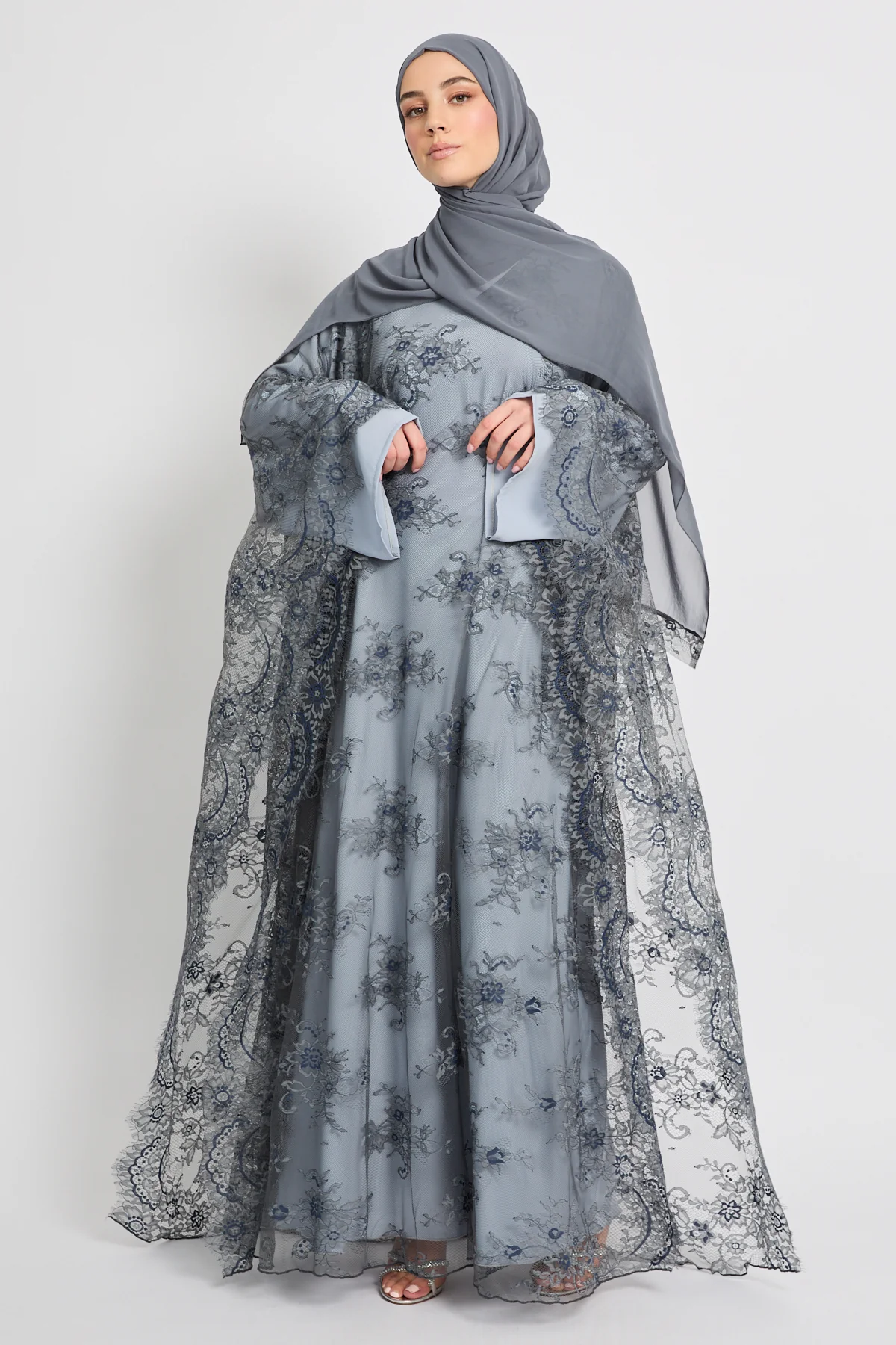 Premium French Lace Overlay Closed Abaya – Silver Dove- Limited Edition