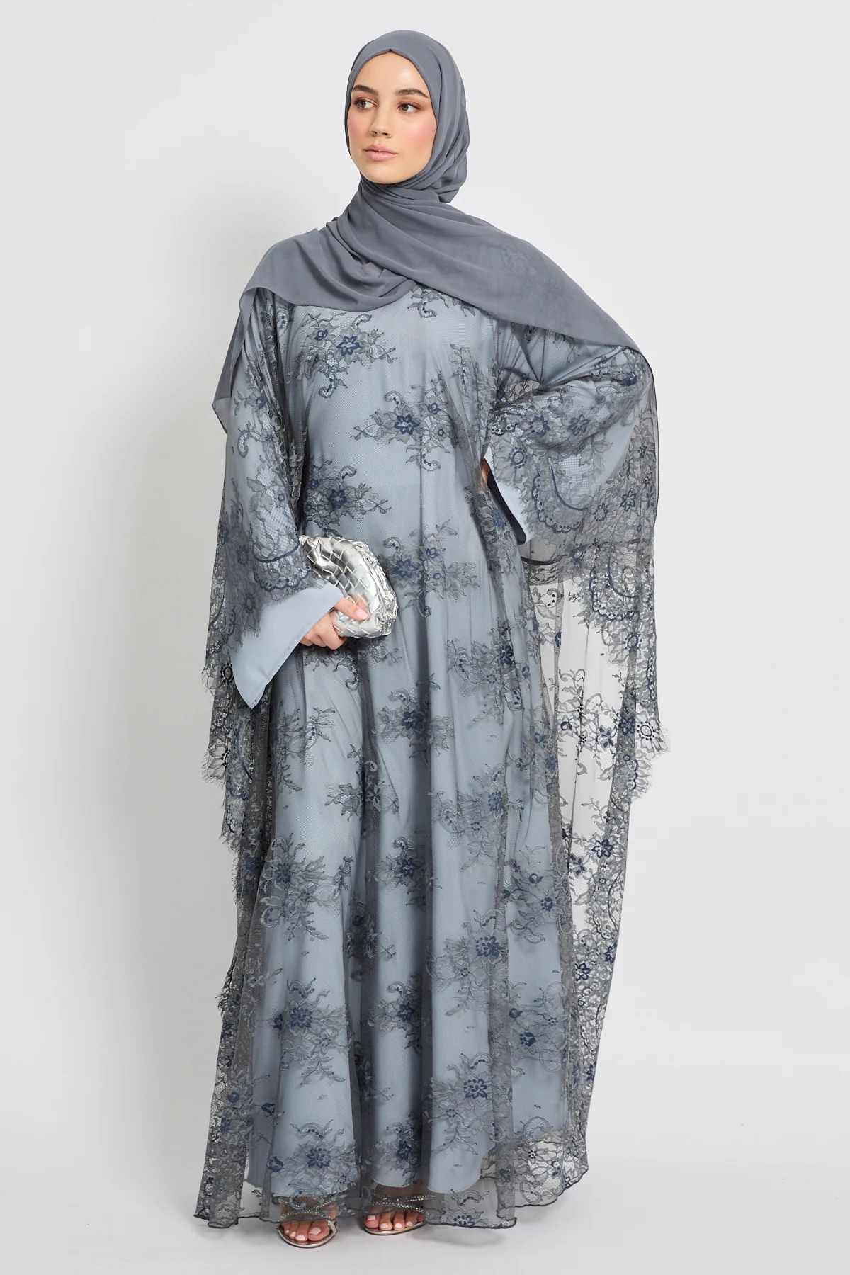 Premium French Lace Overlay Closed Abaya – Silver Dove- Limited Edition - Image 10