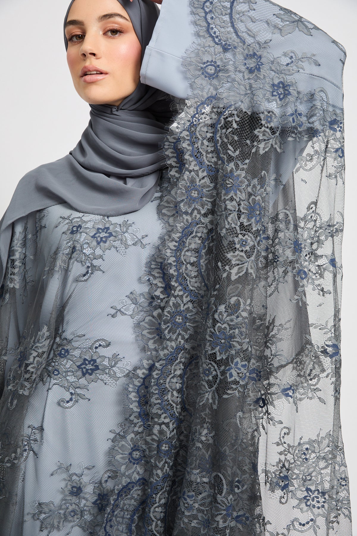 Premium French Lace Overlay Closed Abaya – Silver Dove- Limited Edition - Image 2
