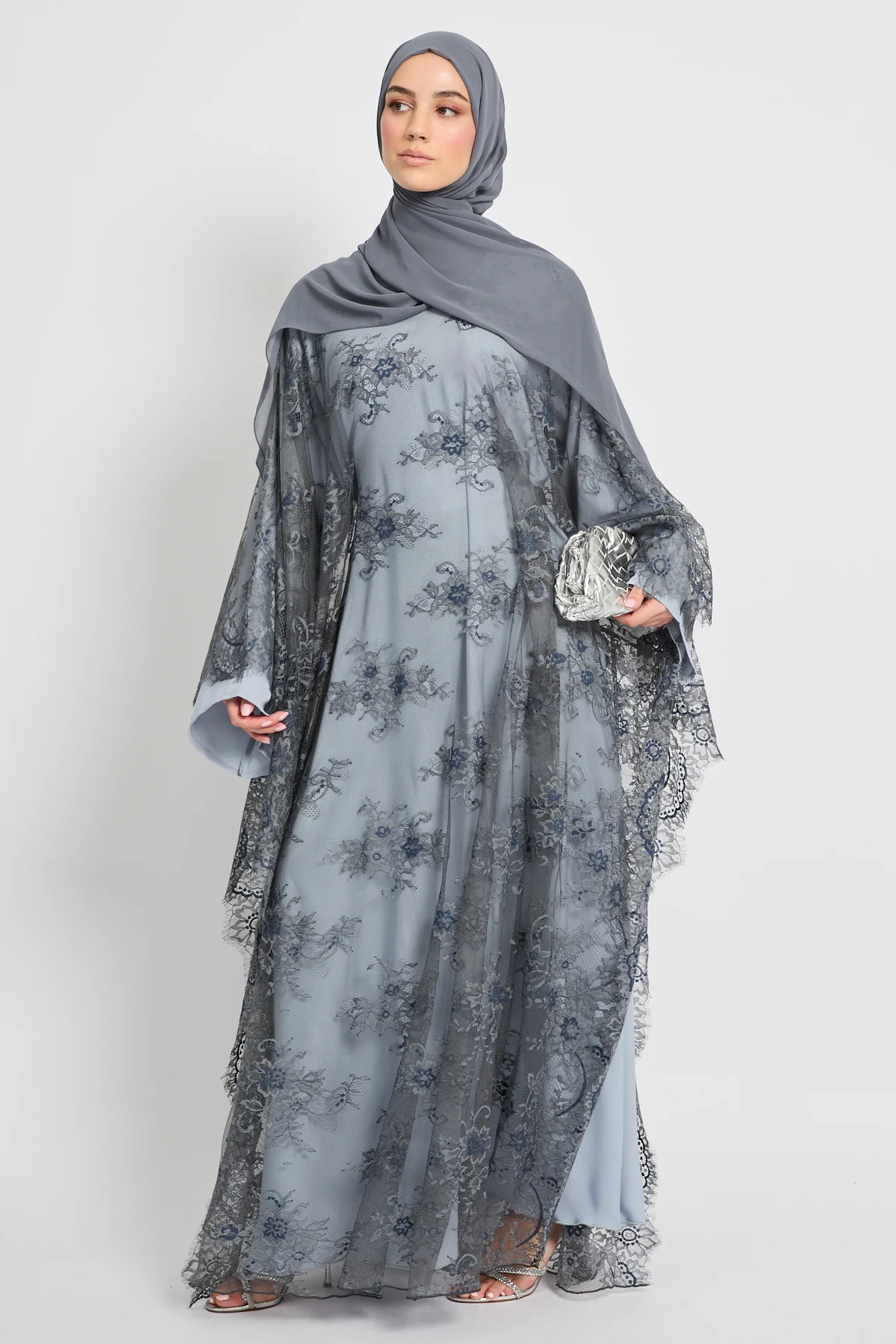 Premium French Lace Overlay Closed Abaya – Silver Dove- Limited Edition - Image 3