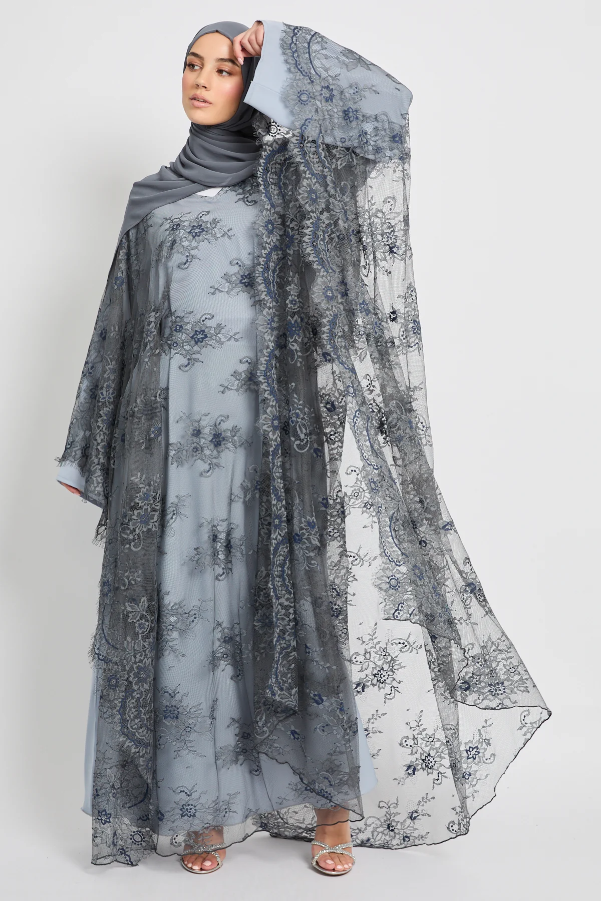 Premium French Lace Overlay Closed Abaya – Silver Dove- Limited Edition - Image 4
