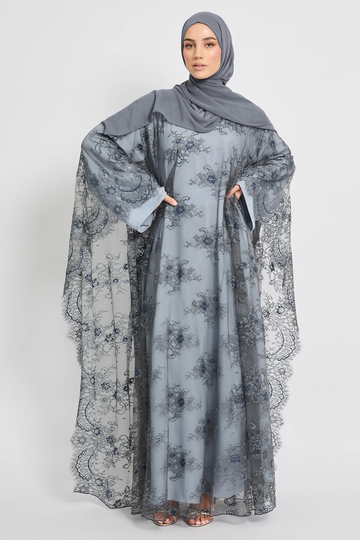 Premium French Lace Overlay Closed Abaya – Silver Dove- Limited Edition - Image 5