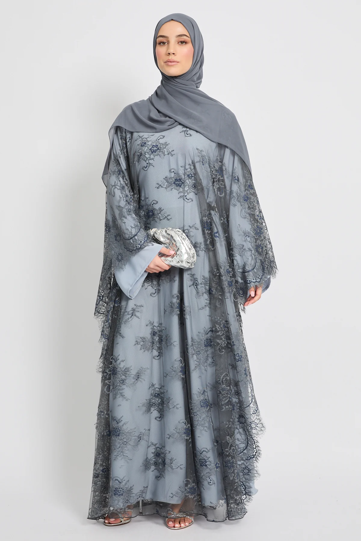 Premium French Lace Overlay Closed Abaya – Silver Dove- Limited Edition - Image 6