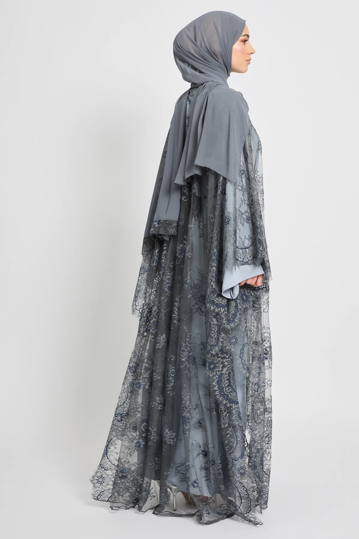 Premium French Lace Overlay Closed Abaya – Silver Dove- Limited Edition - Image 7