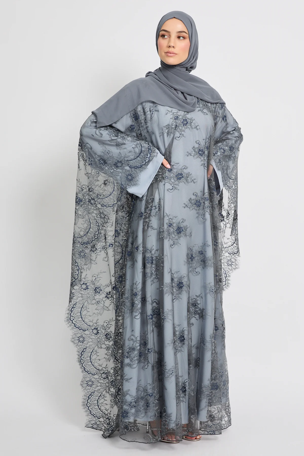 Premium French Lace Overlay Closed Abaya – Silver Dove- Limited Edition - Image 8