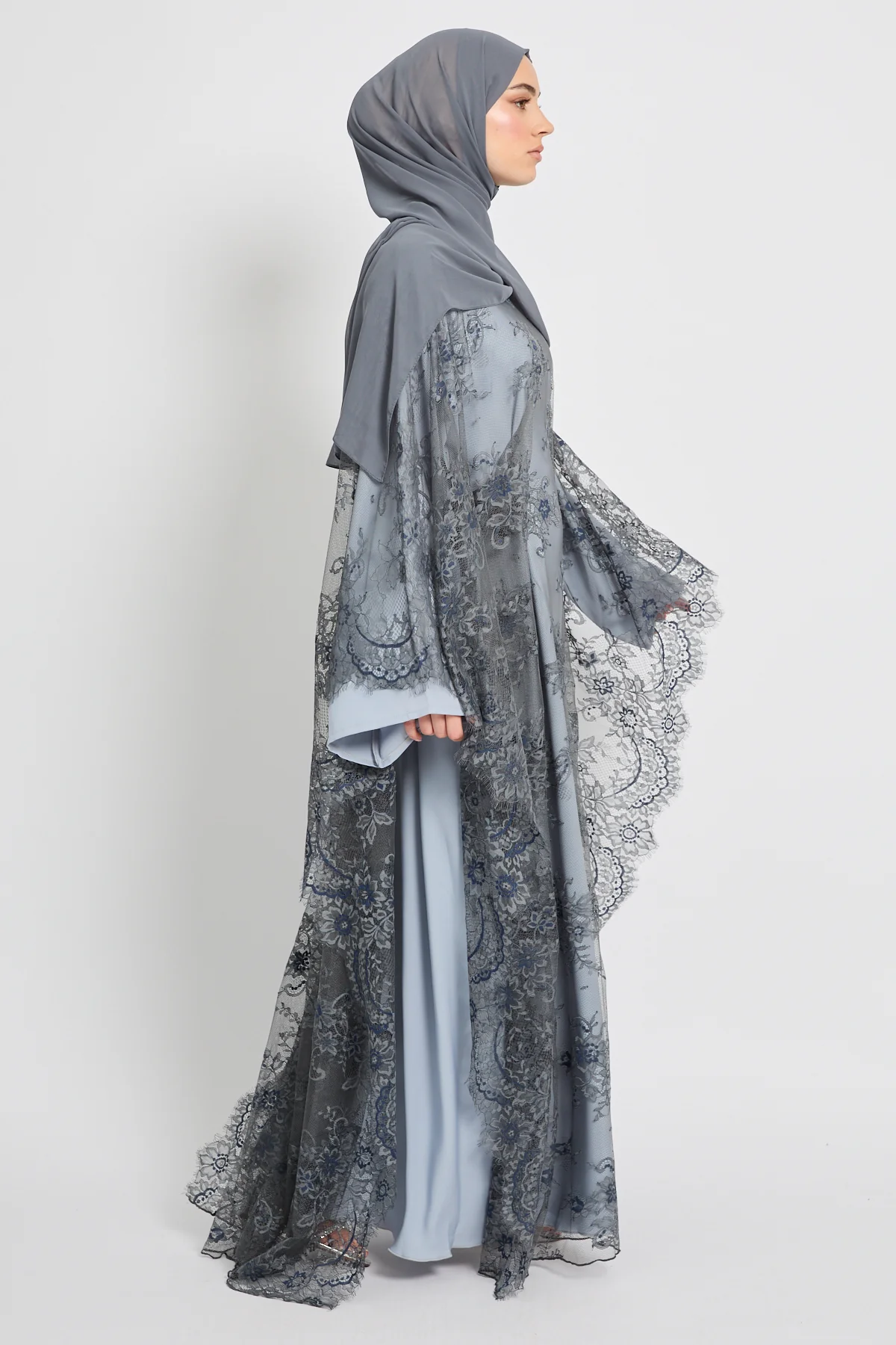 Premium French Lace Overlay Closed Abaya – Silver Dove- Limited Edition - Image 9