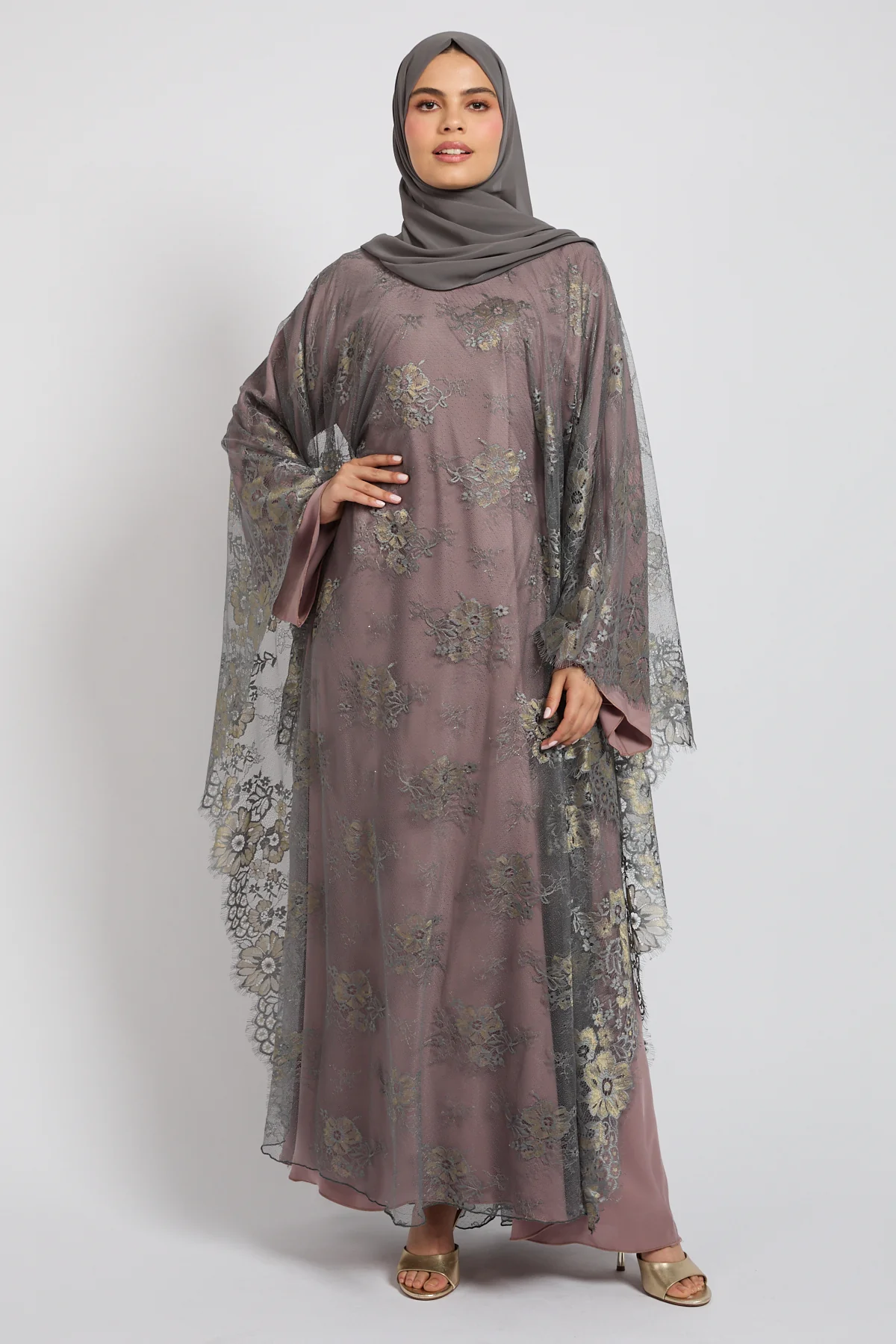 Premium French Lace Overlay Closed Abaya – Smoky Blush - Limited Edition - Image 4