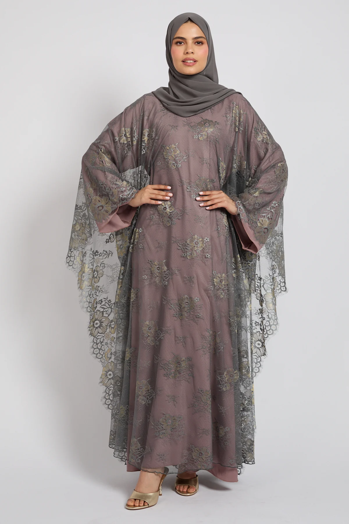 Premium French Lace Overlay Closed Abaya – Smoky Blush - Limited Edition - Image 5