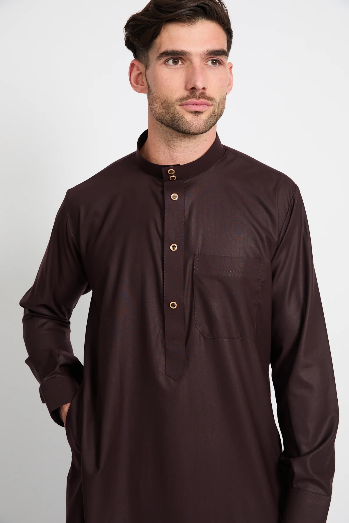 Premium Heritage Buttoned Thobe – Espresso Dusk - Image 2