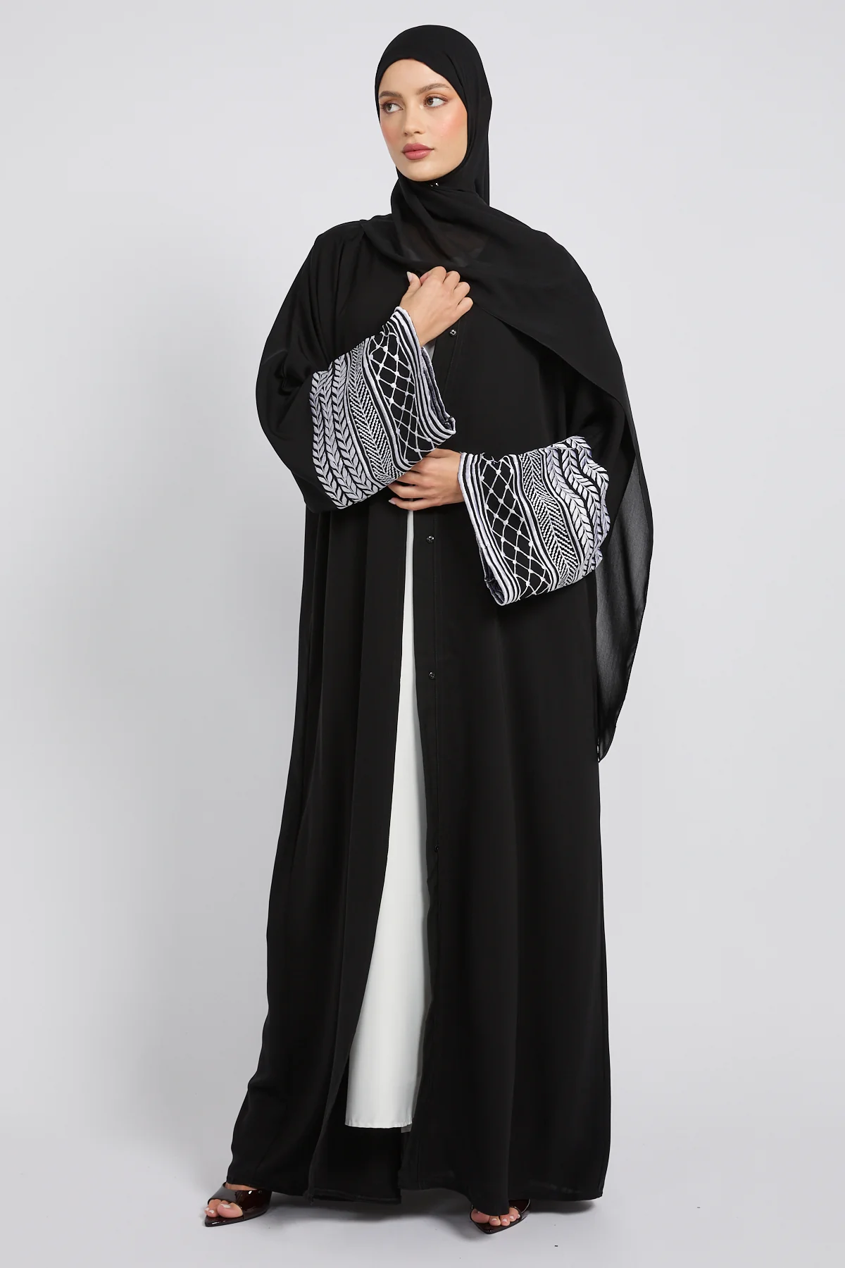 Premium Heritage Cuff Embroidered Open Abaya – Black- LIMITED EDITION - Image 4