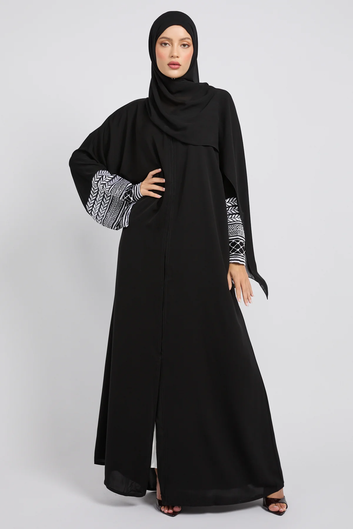 Premium Heritage Cuff Embroidered Open Abaya – Black- LIMITED EDITION - Image 9