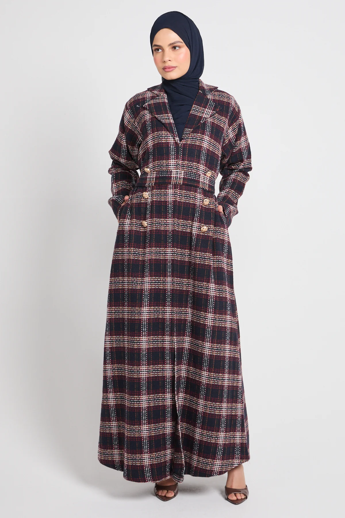 Premium Heritage Plaid Coat Abaya – Winter Berry- LIMITED EDITION