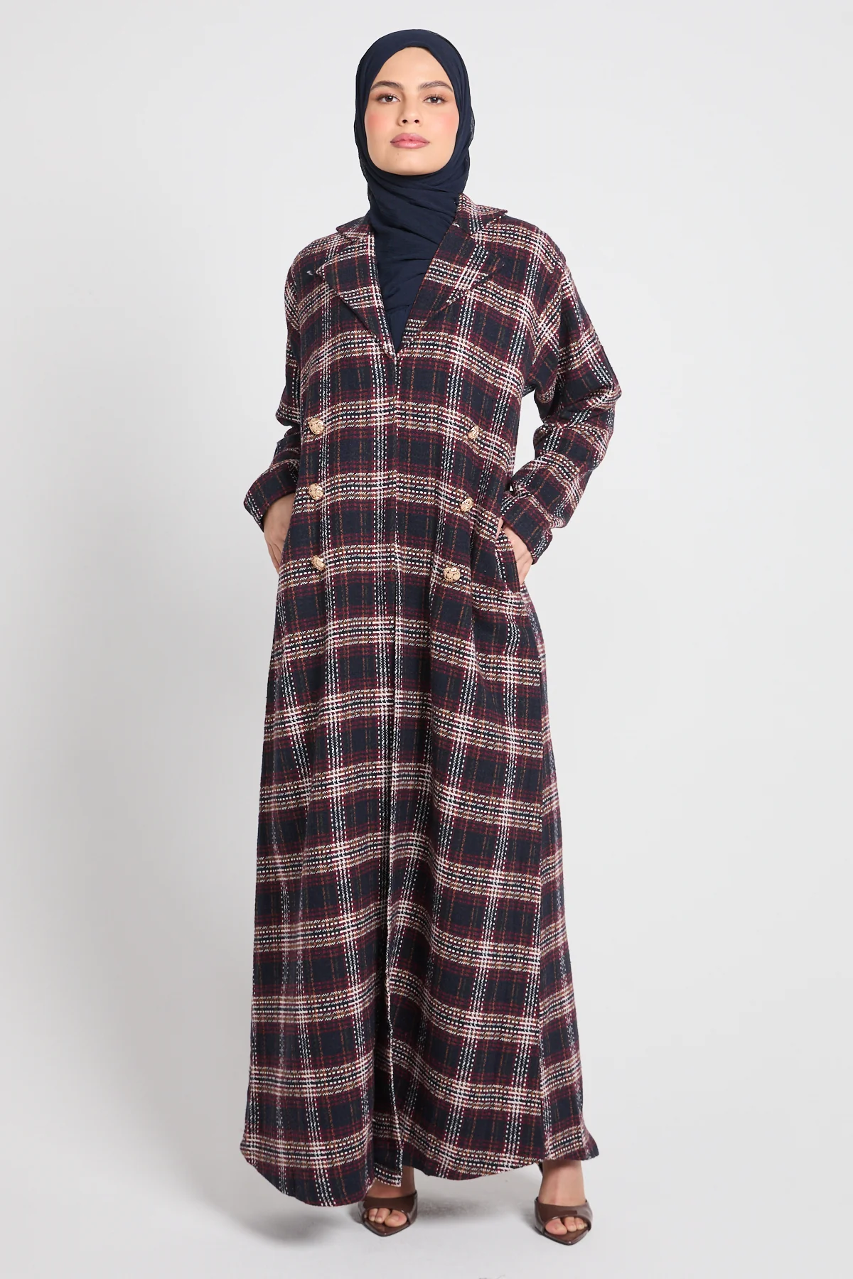 Premium Heritage Plaid Coat Abaya – Winter Berry- LIMITED EDITION - Image 11